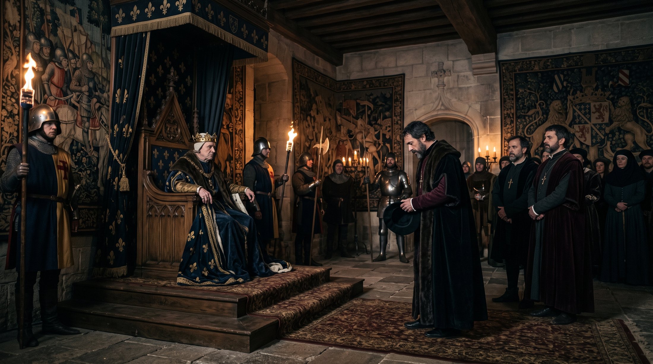 Salle du trône de Louis XI de France au quinzième siècle, un roi portugais vêtu de sombre debout en solliciteur devant le souverain français assis, lumière de chandelles, tapisseries, ambiance tendue et solennelle