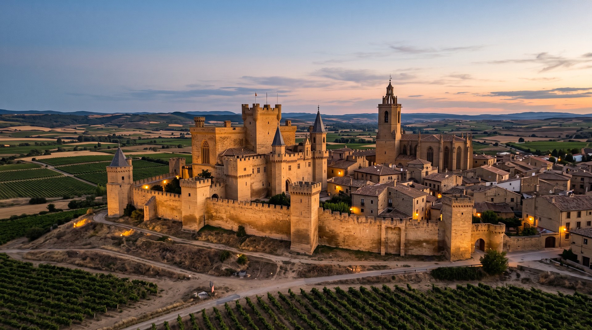 Vue de la vieille ville médiévale d'Olite au crépuscule, remparts et clocher de pierre dorée au milieu de la plaine navarraise et des vignes, aucune présence humaine