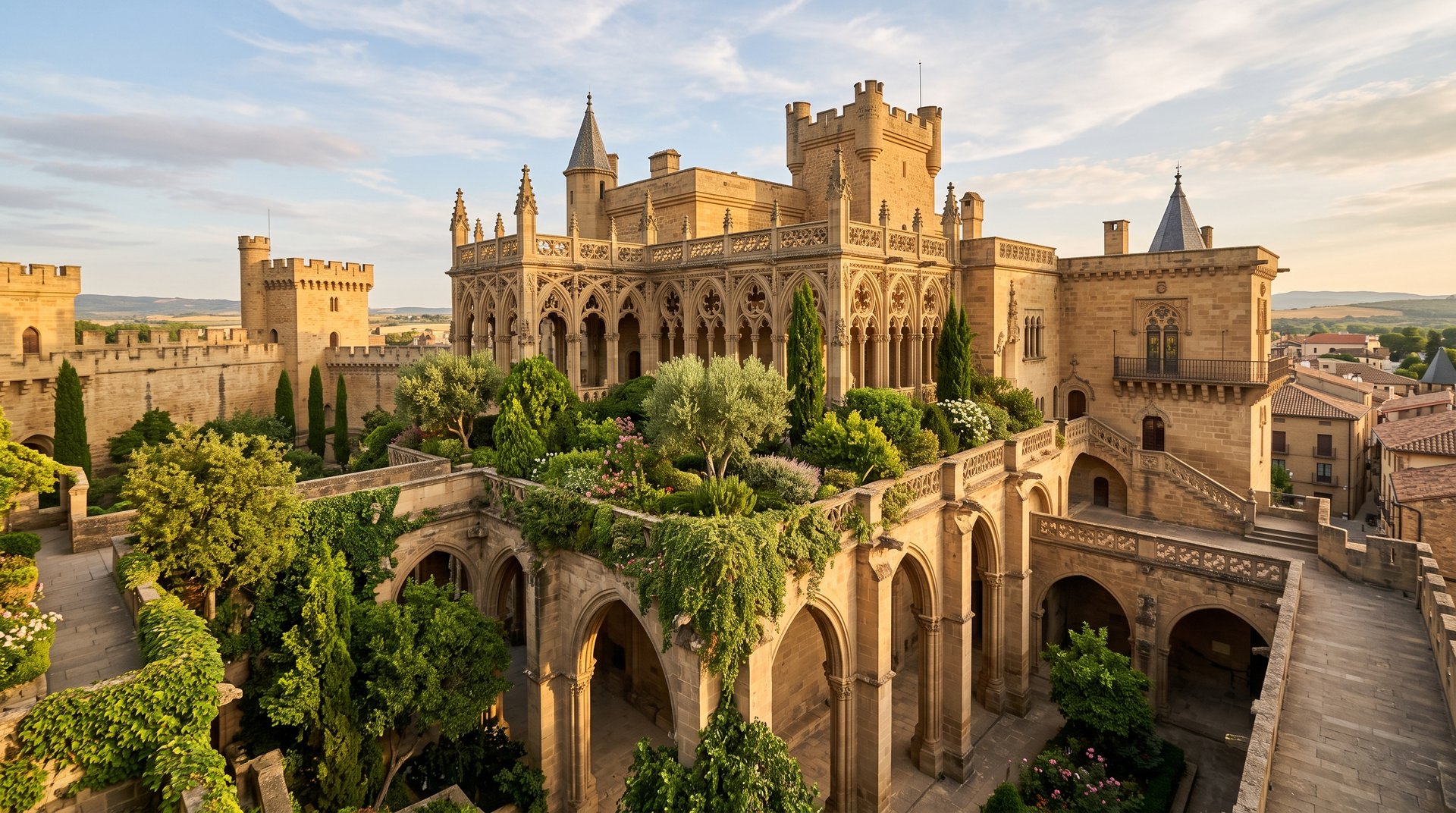 Jardins suspendus et terrasses hautes du palais d'Olite, verdure plantée sur des voûtes de pierre à vingt mètres de hauteur, galeries gothiques ajourées, lumière dorée, aucune présence humaine