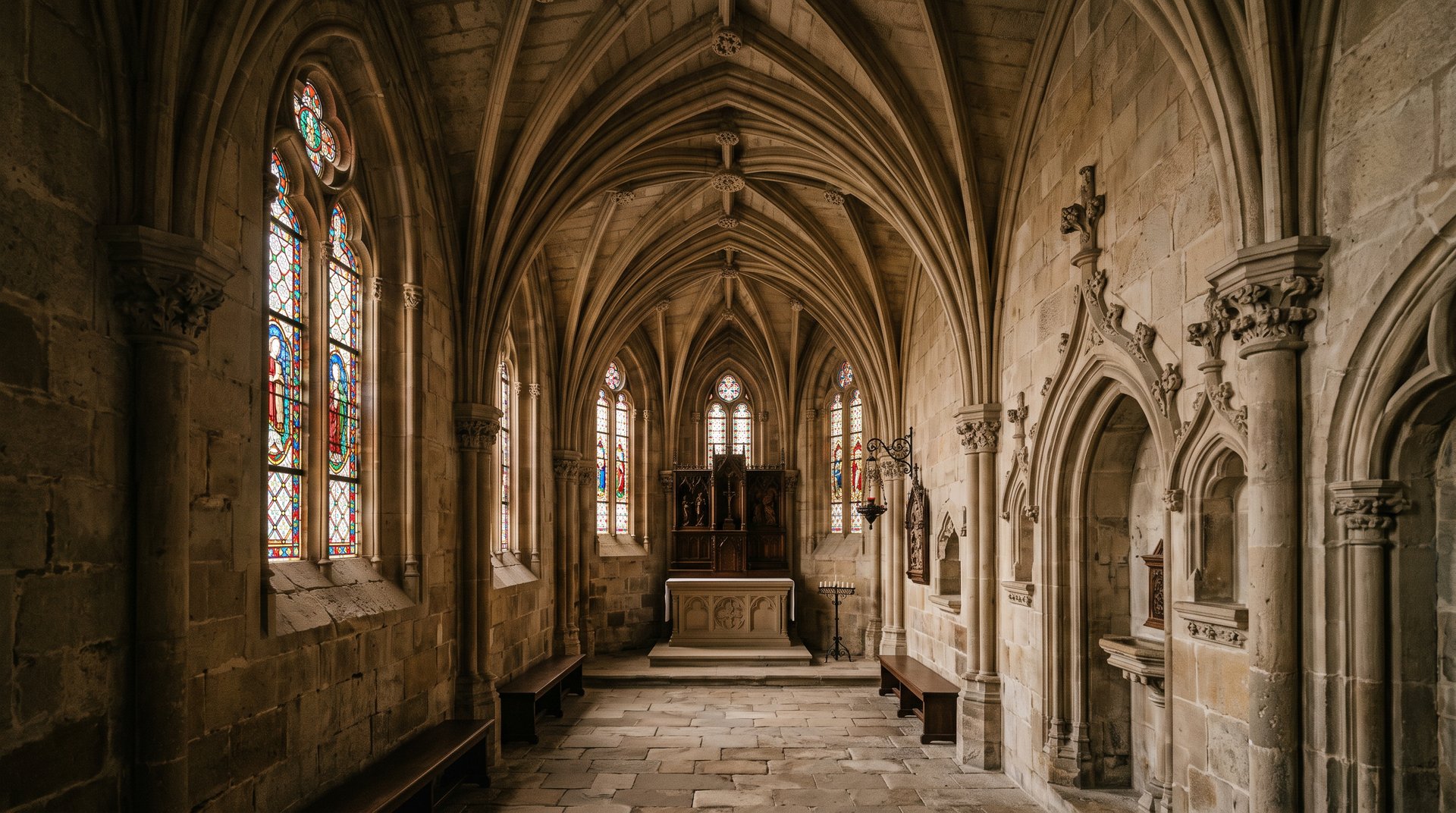 Intérieur de la chapelle gothique Saint-Georges du palais d'Olite, voûte à nervures de pierre, vitraux étroits, lumière tamisée, sobriété médiévale, aucune présence humaine