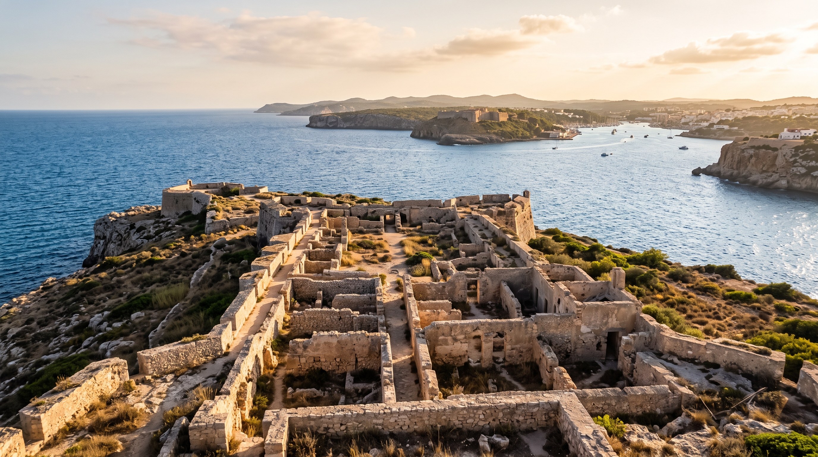 Ruines du château de Sant Felip à l'entrée du port de Maó, Minorque, vestiges arasés d'une forteresse du XVIIIe siècle, mer en arrière-plan, lumière dorée