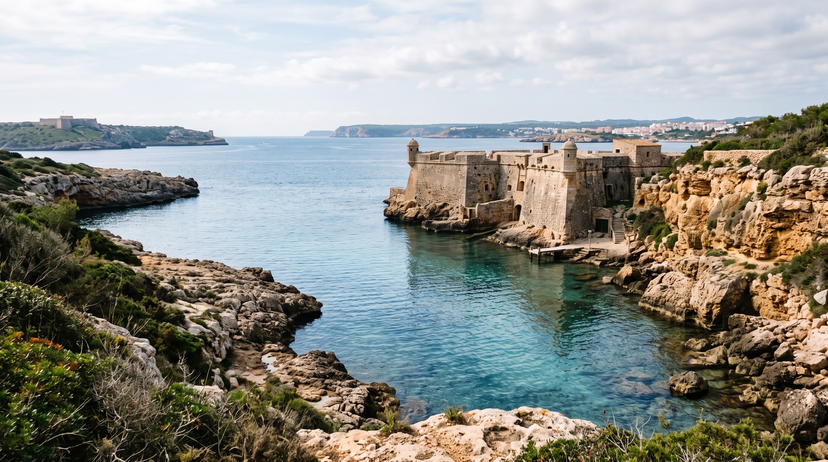 Vue de l'étroite crique de Cala de Sant Esteve à Minorque, eaux calmes turquoise, Fort Marlborough encastré dans la roche ocre, entrée du port de Maó au loin