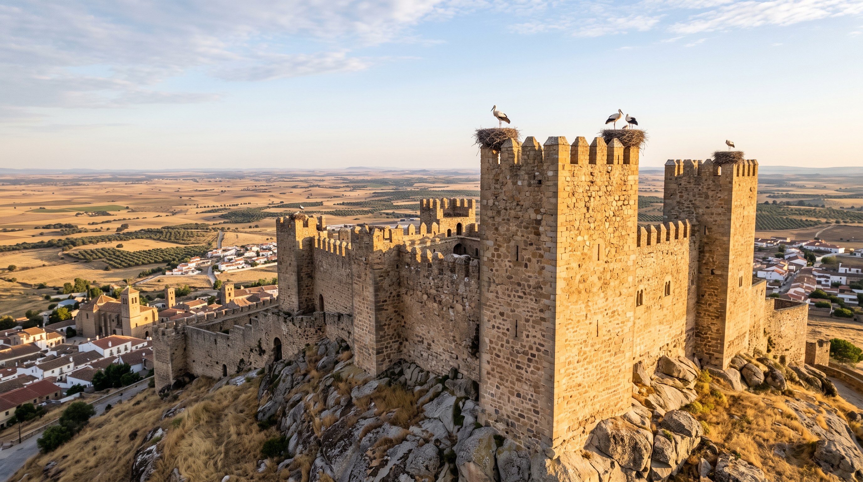 Le château maure de Trujillo, l'Alcazaba, sur sa colline de granit dominant la plaine d'Estrémadure, cigognes nichant sur les tours, lumière dorée du matin