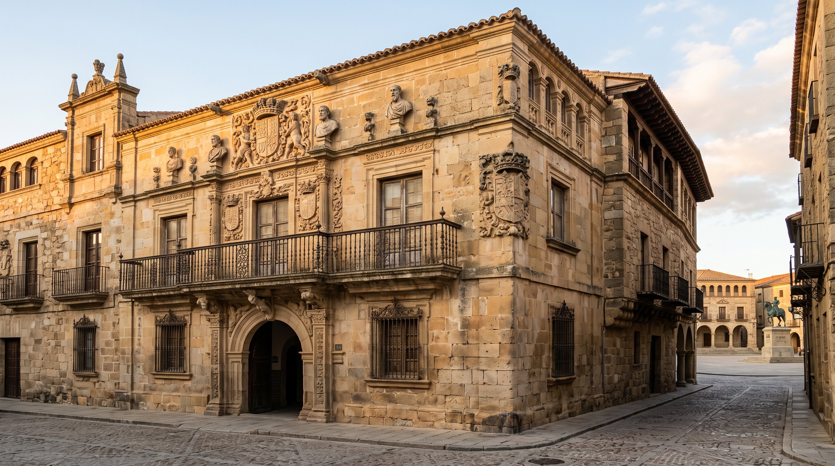 La façade Renaissance du Palacio de la Conquista sur la Plaza Mayor de Trujillo, blasons sculptés et bustes de pierre, statue équestre de Pizarro en arrière-plan