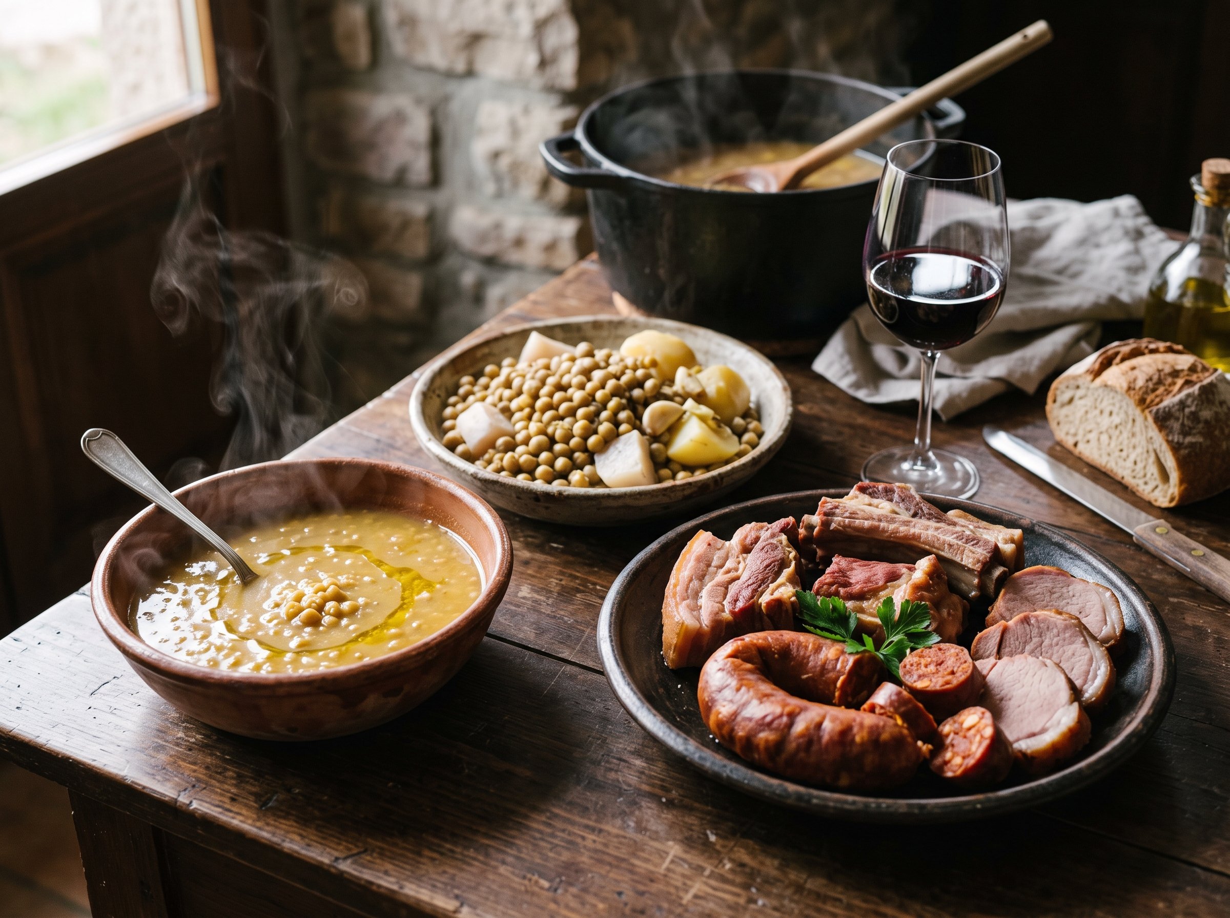 Cocido de arvejos servi en trois temps sur une table de montagne : soupe d'arvejos, arvejos au nabicol, puis viandes fumées et androja, Riaño, León, Espagne