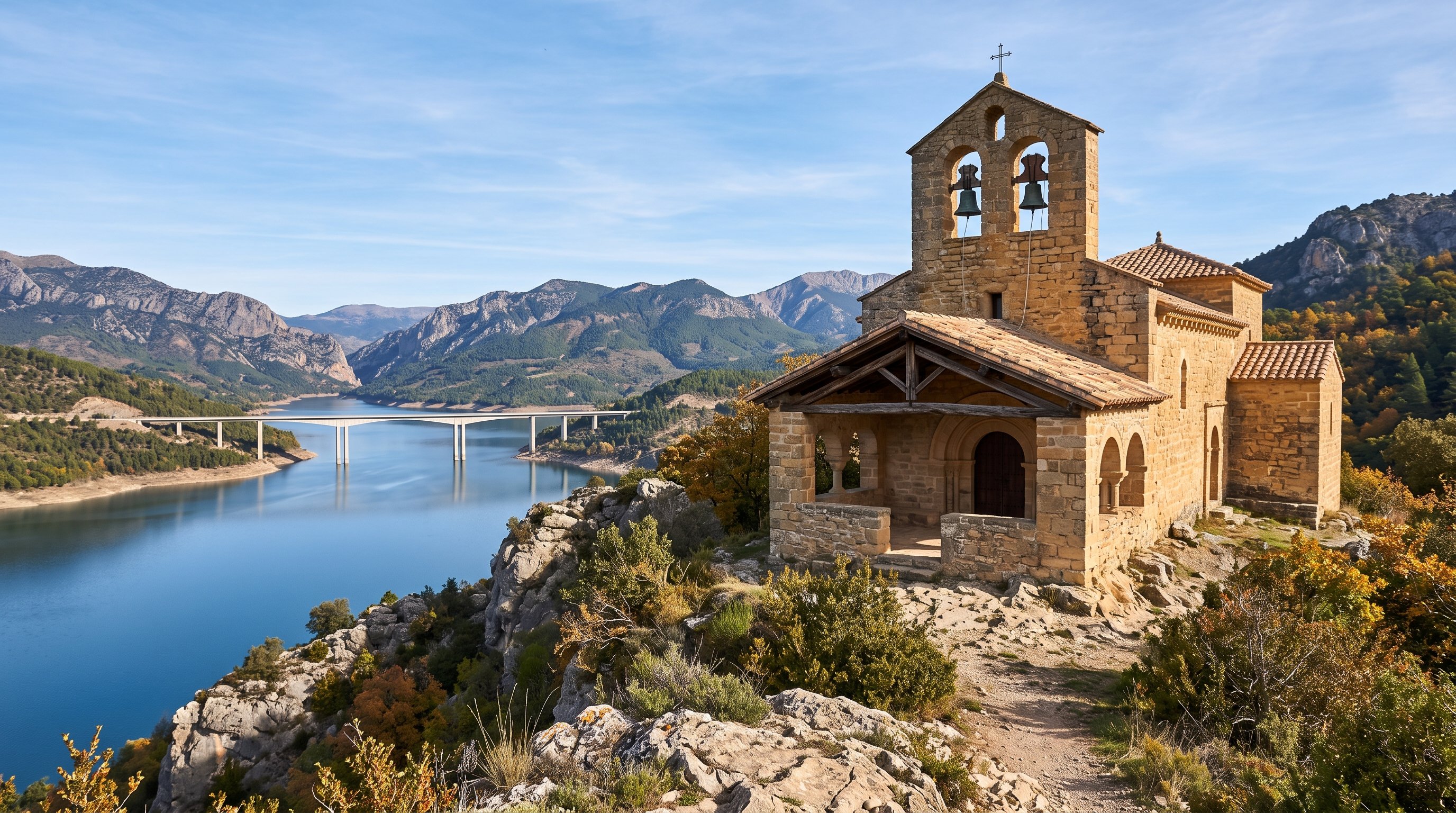 Église romane de pierre dorée remontée sur une hauteur, porche de bois et clocher à cloches, face à un lac de montagne et un grand viaduc, ciel clair d'automne