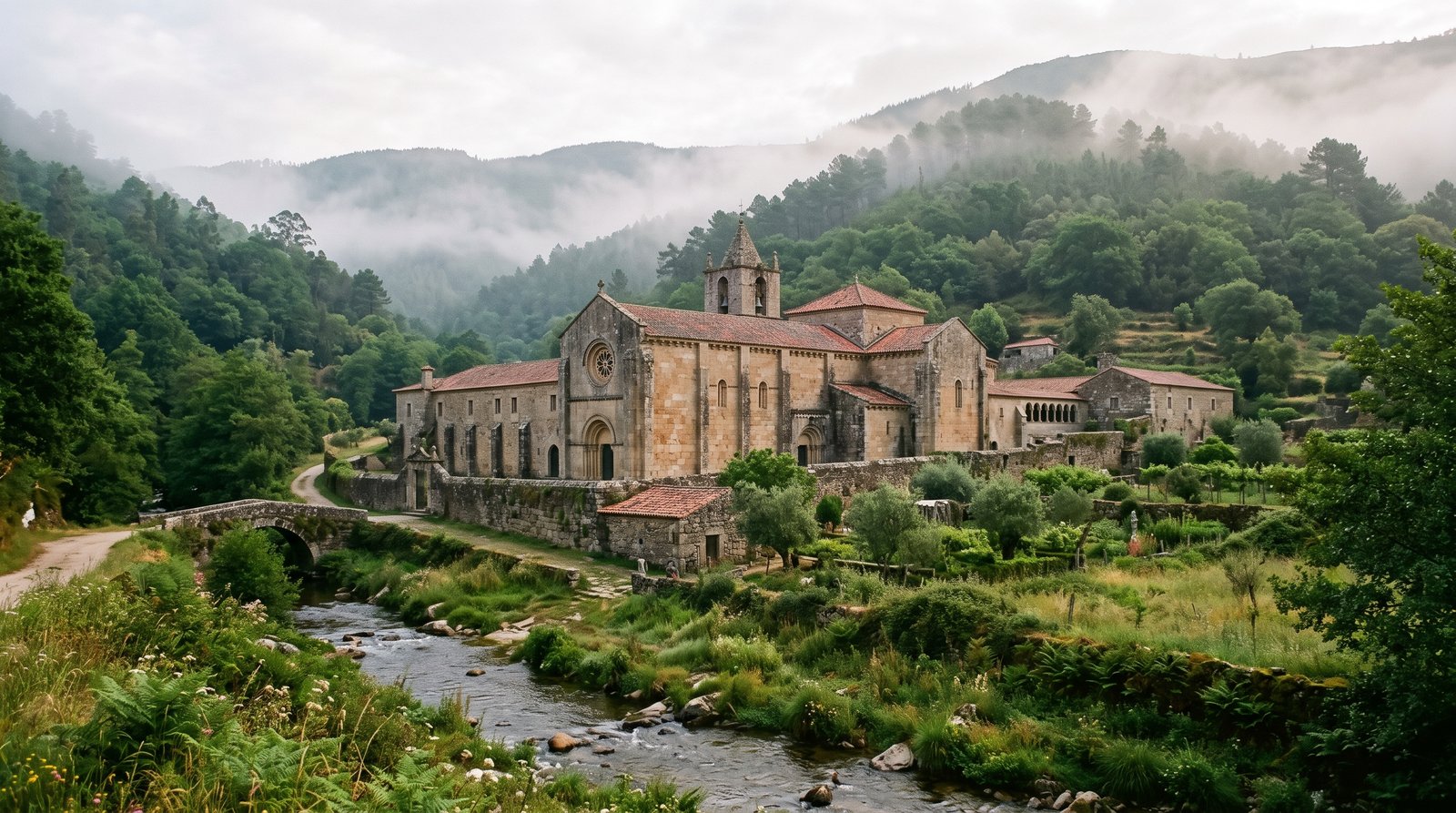 Longue église romane et cistercienne de São João de Tarouca en pierre ocre-gris au fond de la vallée verdoyante du Varosa, brume matinale sur les pentes boisées de la Serra de Leomil, ruisseau au premier plan, ambiance de vieux Portugal monastique