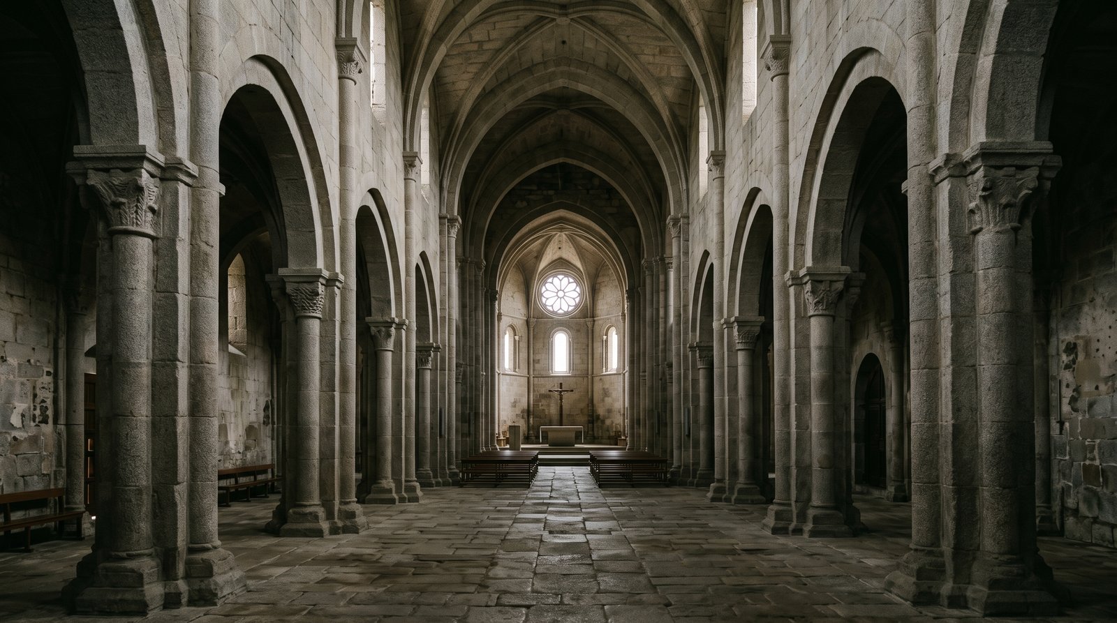 Intérieur d'une église cistercienne austère, nef de pierre nue aux chapiteaux à peine sculptés, lumière douce tombant des fenêtres hautes, sobriété médiévale, aucune dorure, ambiance de recueillement, São João de Tarouca