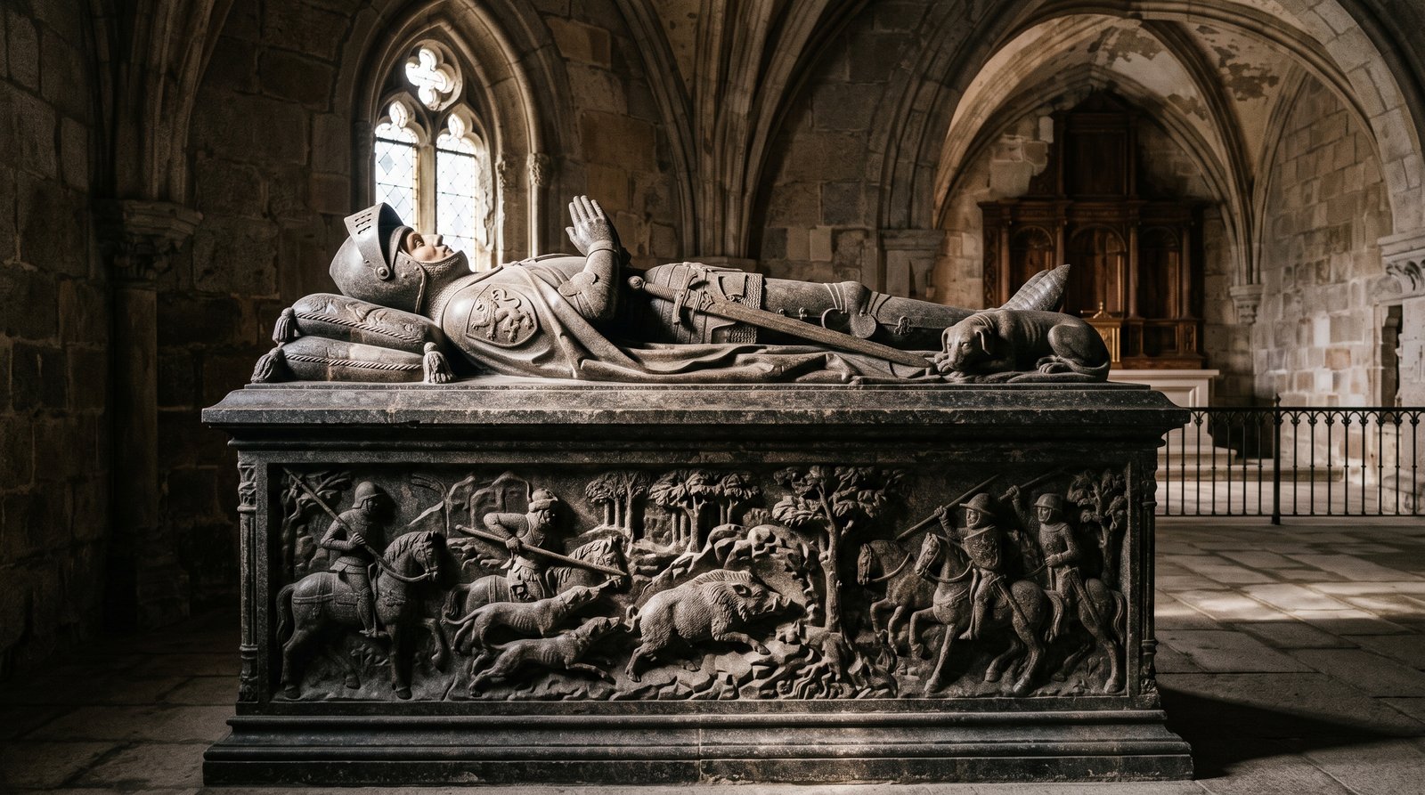 Grand tombeau médiéval en granit sombre dans une église, couvercle et flancs sculptés de scènes de chasse au sanglier et de cavaliers, gisant d'un prince du XIVe siècle, lumière rasante, São João de Tarouca
