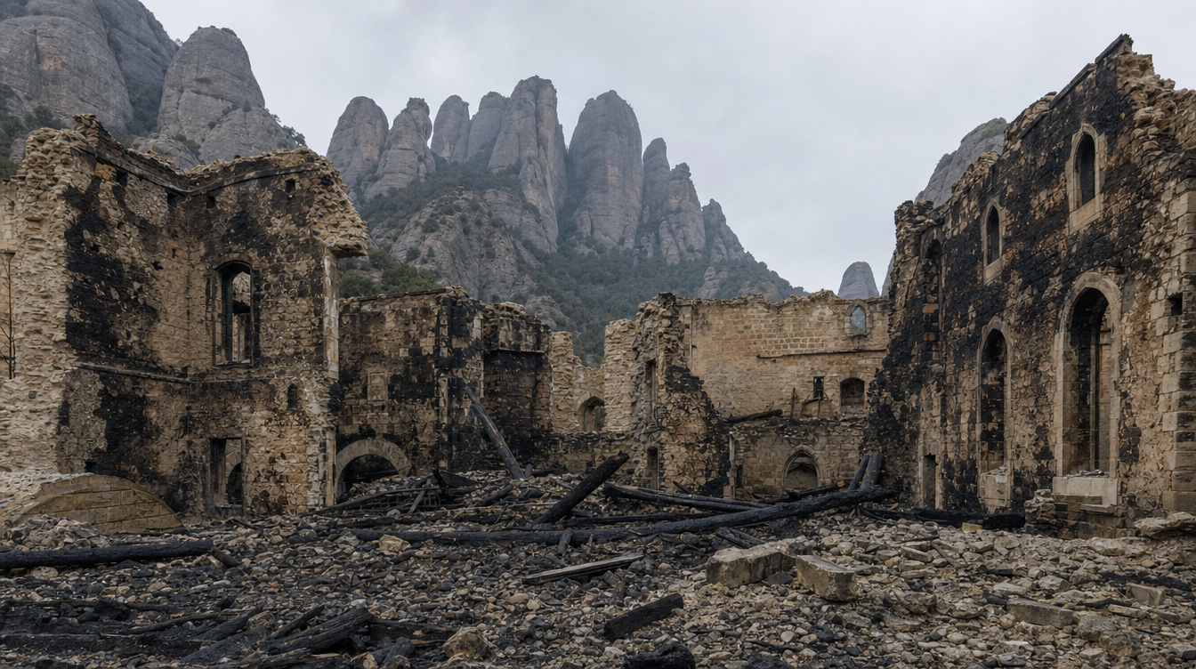 Ruines noircies du monastère de Montserrat après l'incendie, murs éventrés ouverts sur le ciel, poutres calcinées, lumière grise, aiguilles de roche en arrière-plan
