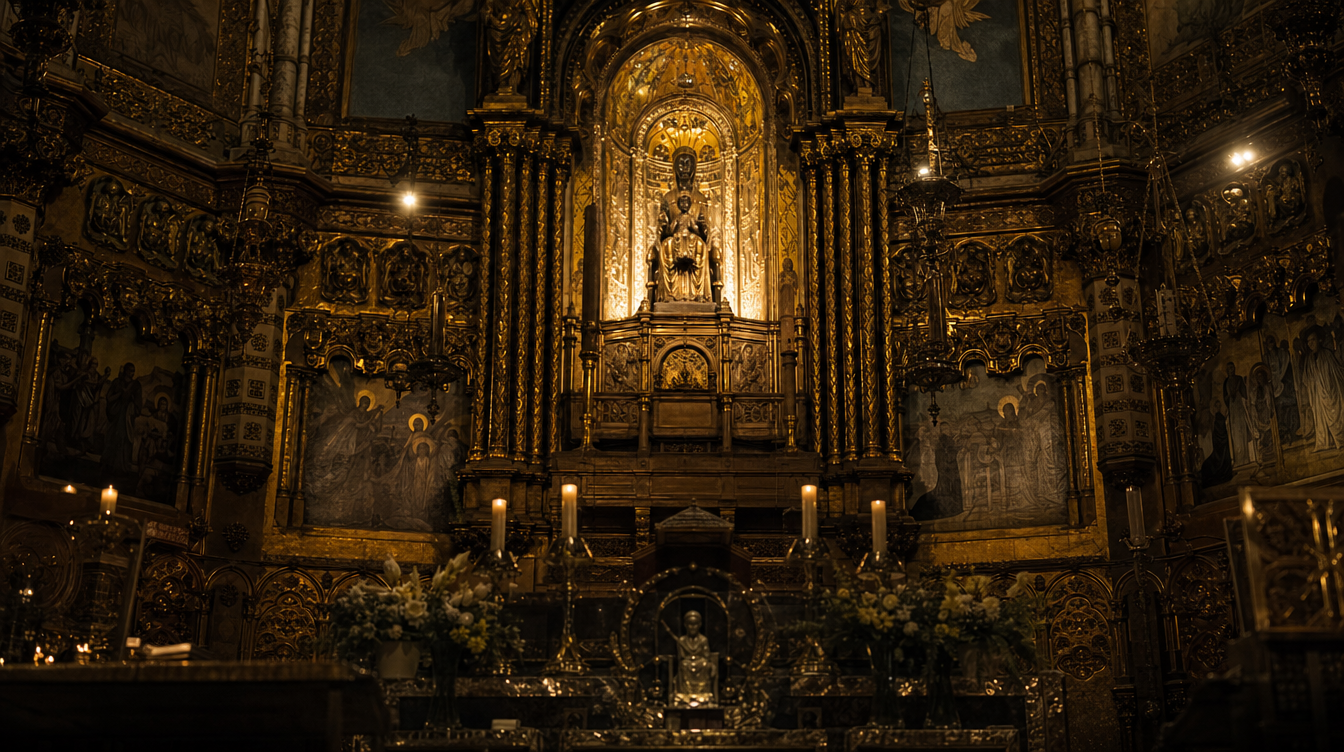 Intérieur de la basilique de Montserrat dans une pénombre dorée, la niche de la Vierge noire éclairée, colonnes de pierre ancienne, lumière chaude de cierges
