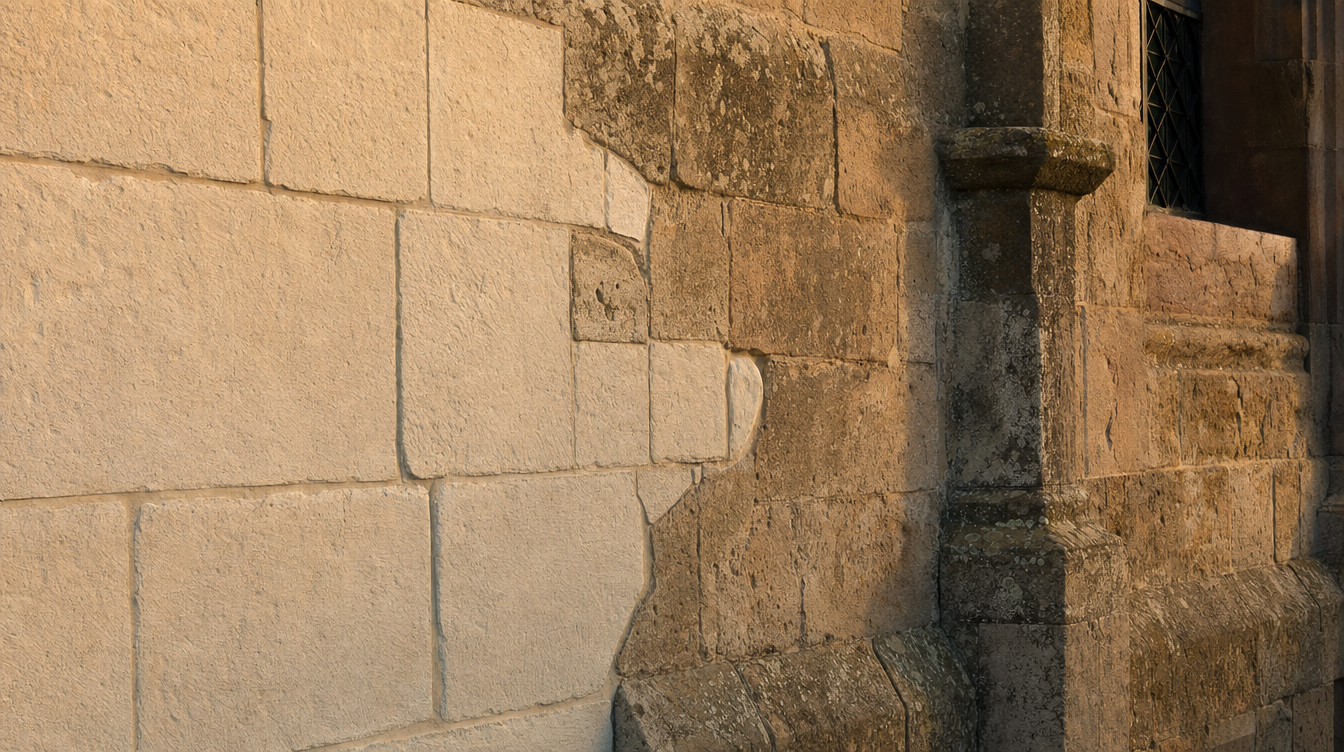 Détail d'un mur du monastère de Montserrat où la pierre claire récente rejoint la pierre ancienne plus sombre, ligne de reconstruction visible, lumière rasante du soir