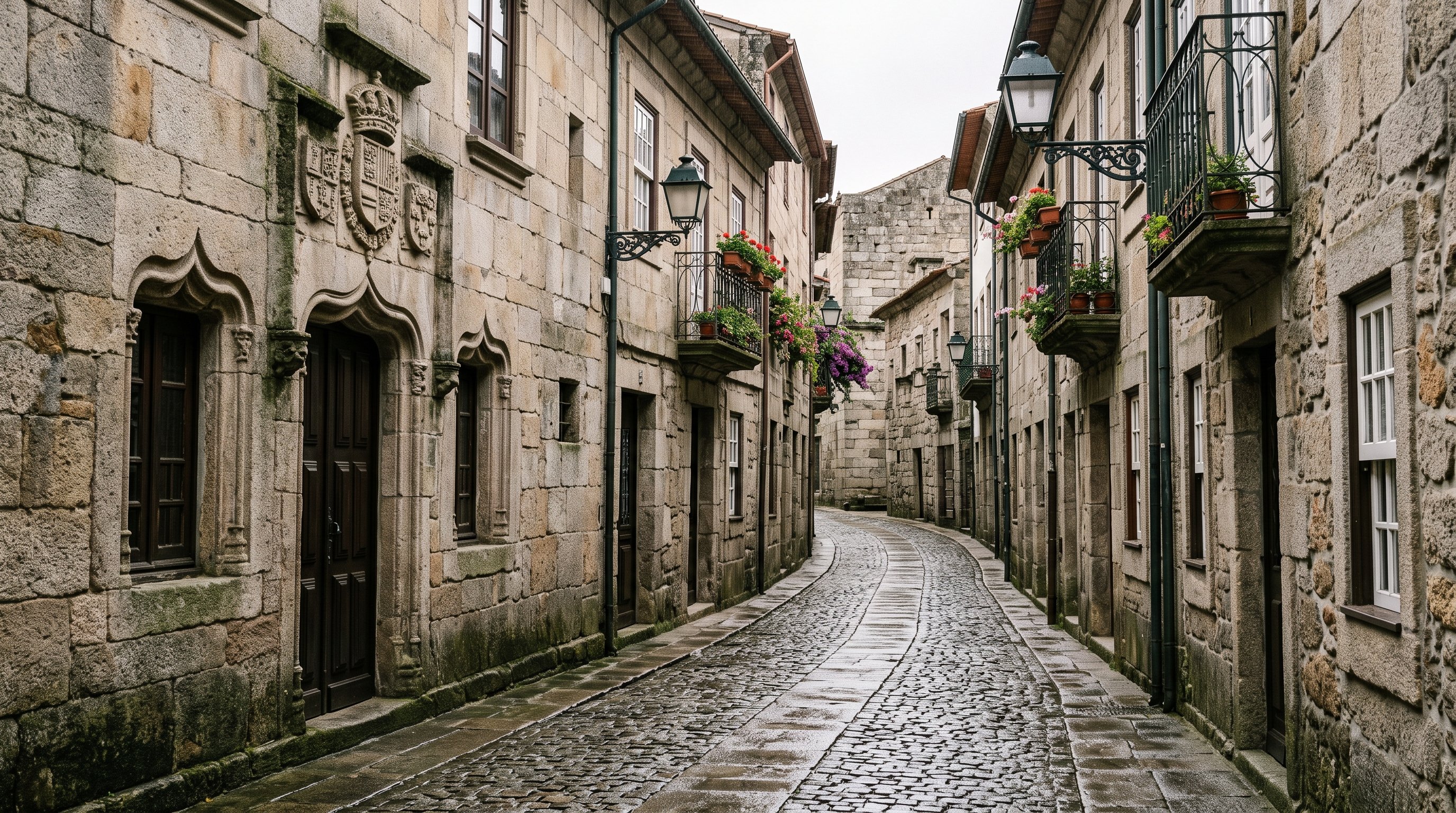 Ruelle médiévale en granit du centre historique classé de Guimarães, façades anciennes aux linteaux sculptés et blasons, lumière douce de fin d'été, pavés humides, aucune personne au premier plan