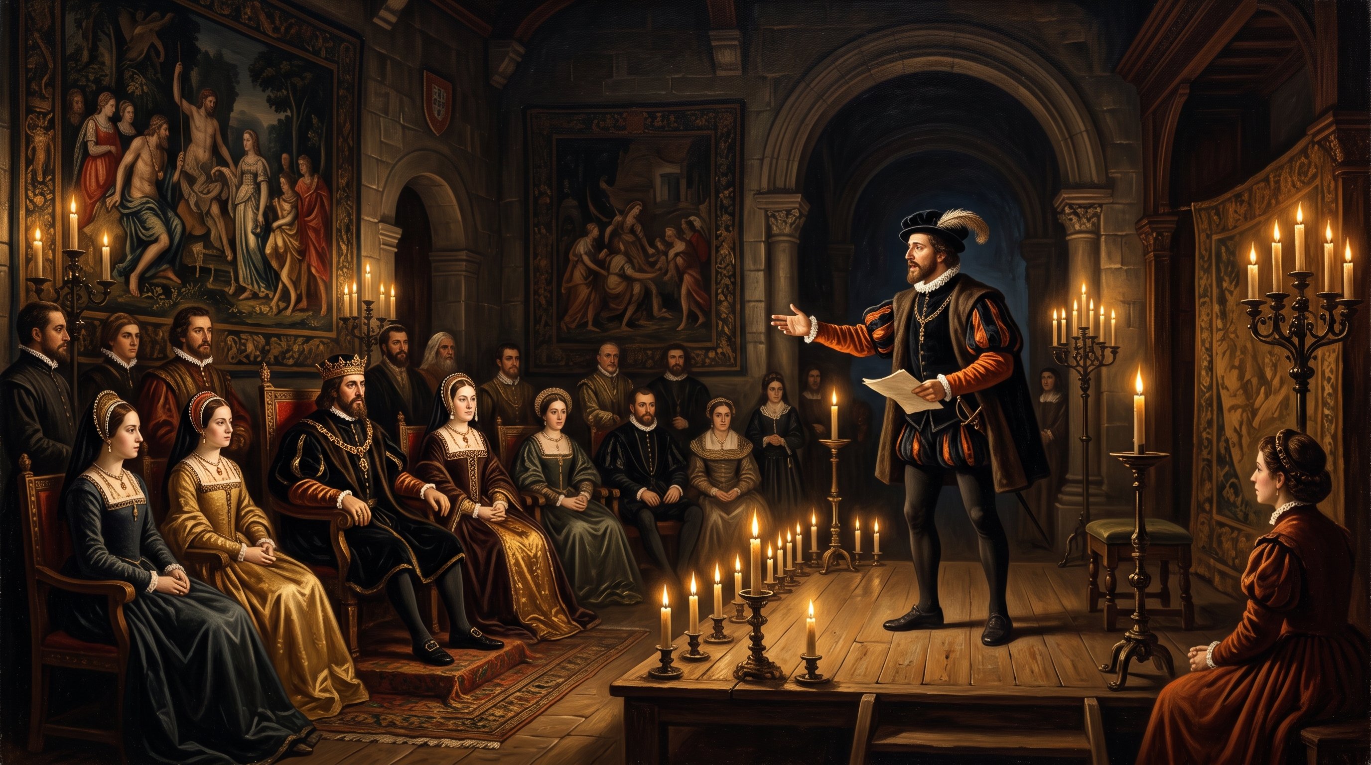 Reconstitution d'un comédien de la Renaissance jouant seul devant une cour royale portugaise du début du XVIe siècle dans une salle de palais aux tentures sombres, lumière de chandelles, ambiance théâtrale, style peinture historique