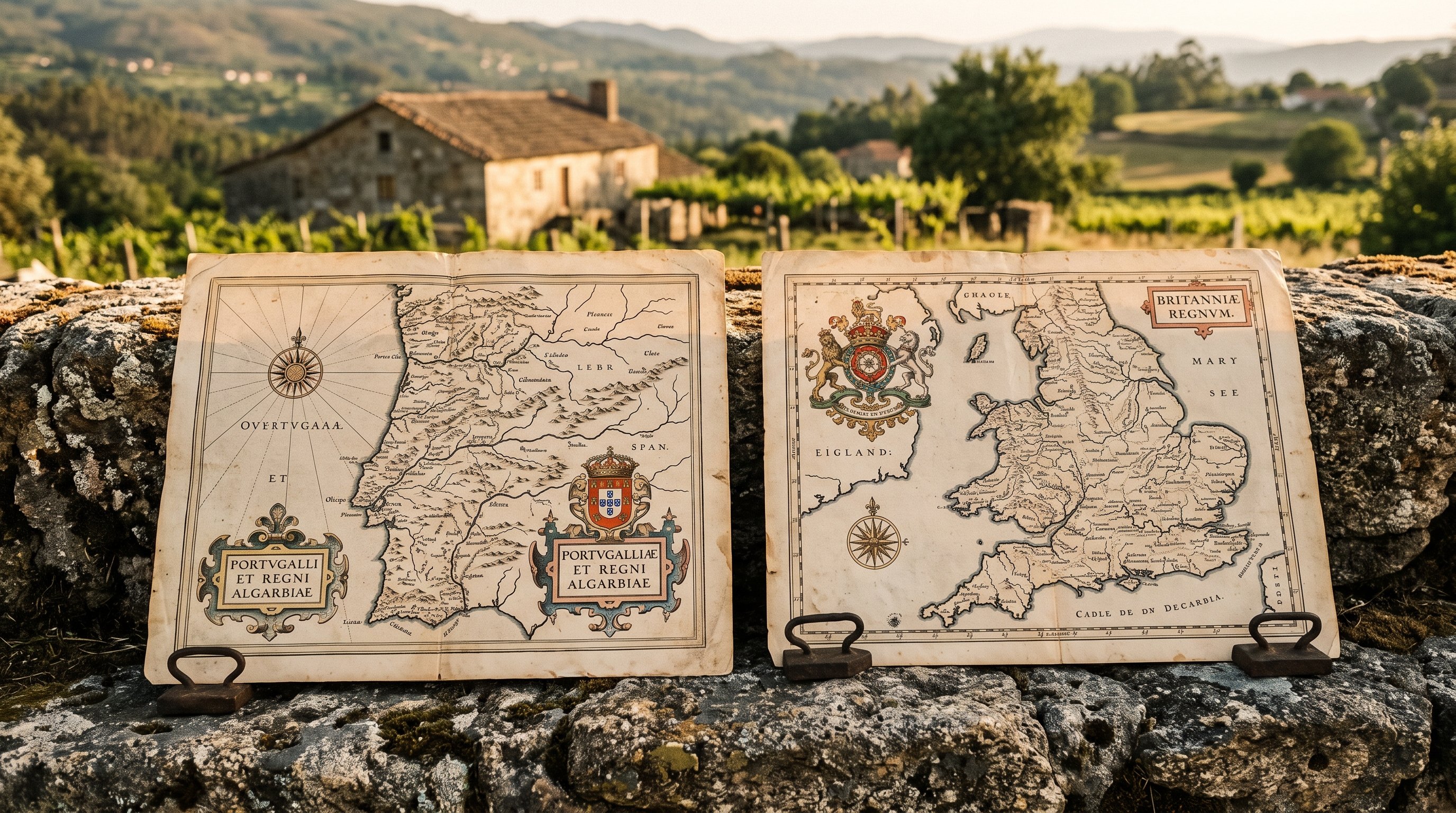 Deux vieux plans anciens de l'Europe du début du XVIe siècle, l'un centré sur le Portugal et l'autre sur l'Angleterre, posés côte à côte sur un muret de pierre du Minho, ambiance studieuse, lumière d'après-midi