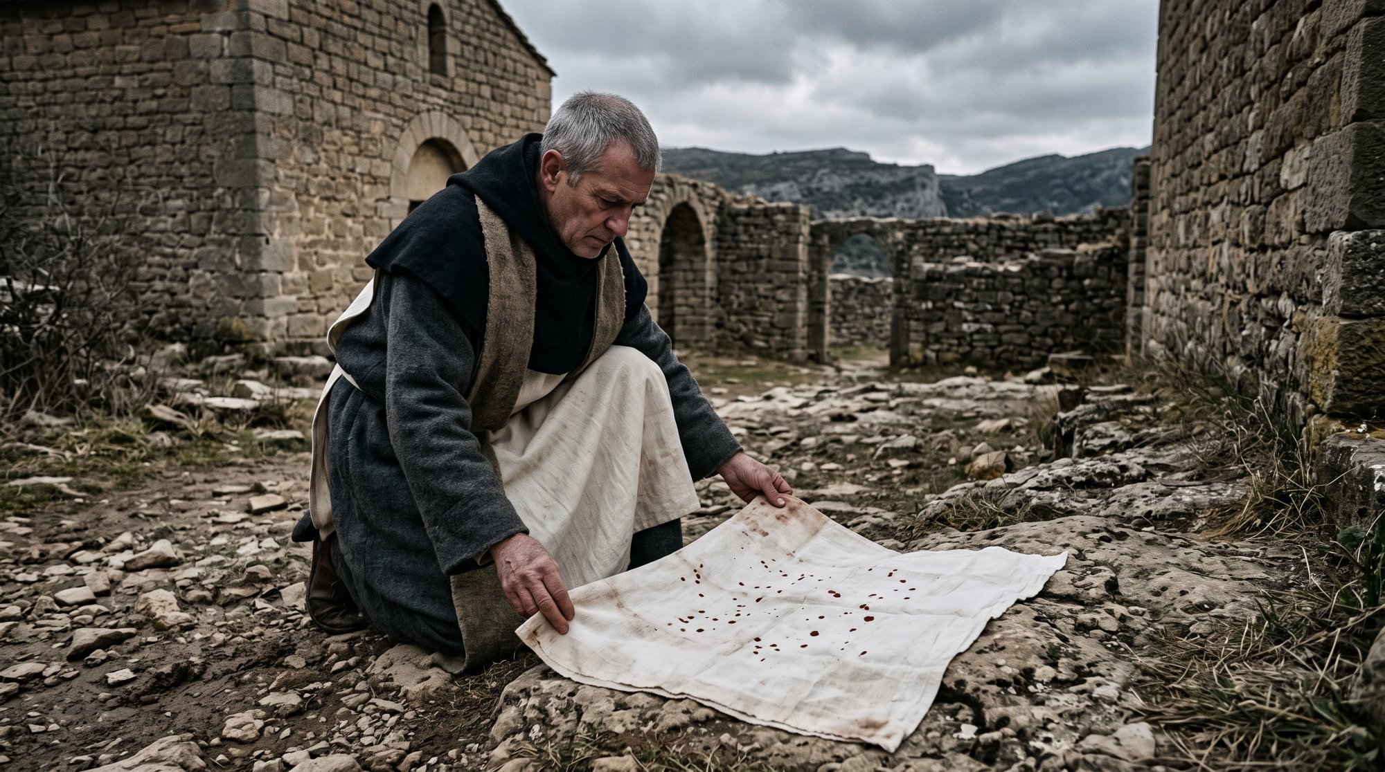 Un chapelain médiéval agenouillé sur un sol de pierres rocailleuses, dépliant un linge d'autel blanc taché de rouge, dans une lumière froide de fin d'hiver, ambiance grave et silencieuse, aucun texte