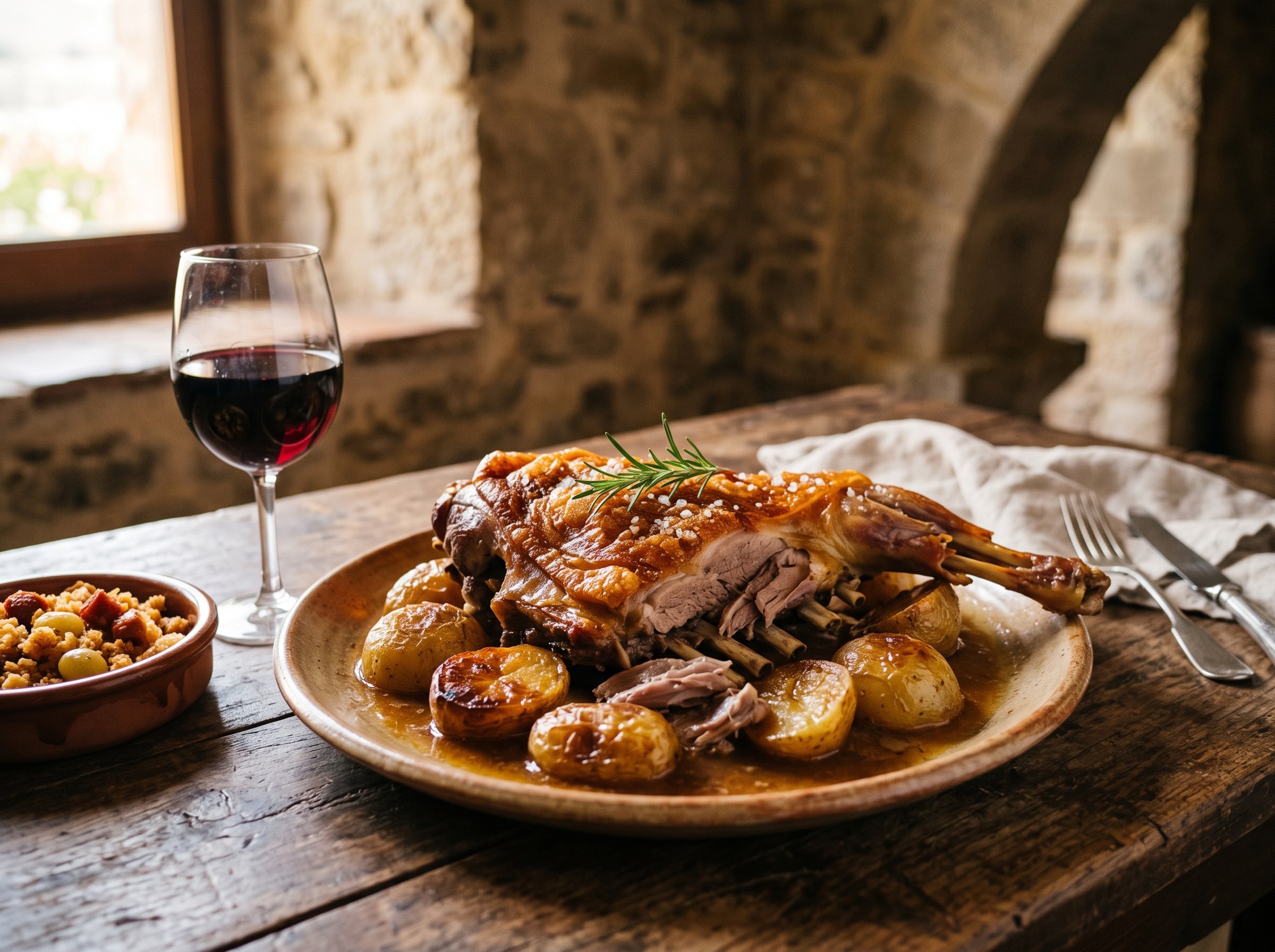 Ternasco asado, agneau d'Aragon rôti servi avec pommes de terre confites et un verre de grenache, Daroca
