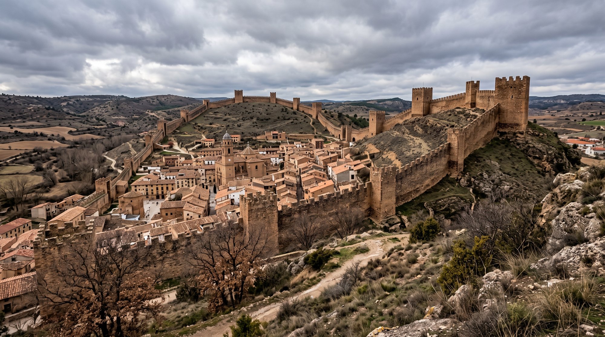 Enceinte médiévale de Daroca vue depuis une colline, longue muraille de pierre brune hérissée de tours carrées qui monte sur le relief sous un ciel d'hiver gris, panorama de la ville fortifiée, aucun texte