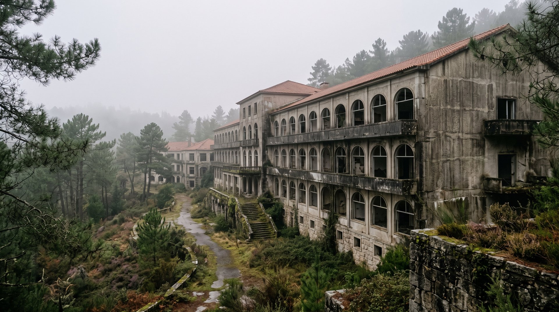 Les longs pavillons abandonnés du sanatorium du Caramulo, façades de béton aux grandes fenêtres ouvertes, dressés parmi les pins de la serra sous une brume matinale, ambiance mélancolique et solennelle