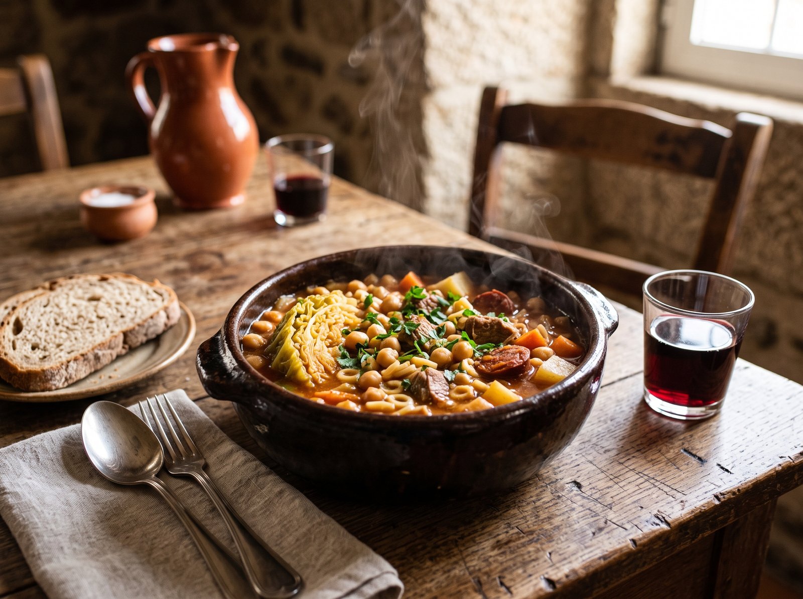 Rancho à moda de Viseu, ragoût traditionnel de la Beira Alta aux pois chiches, pâtes, veau et chou, servi avec un verre de vin du Dão