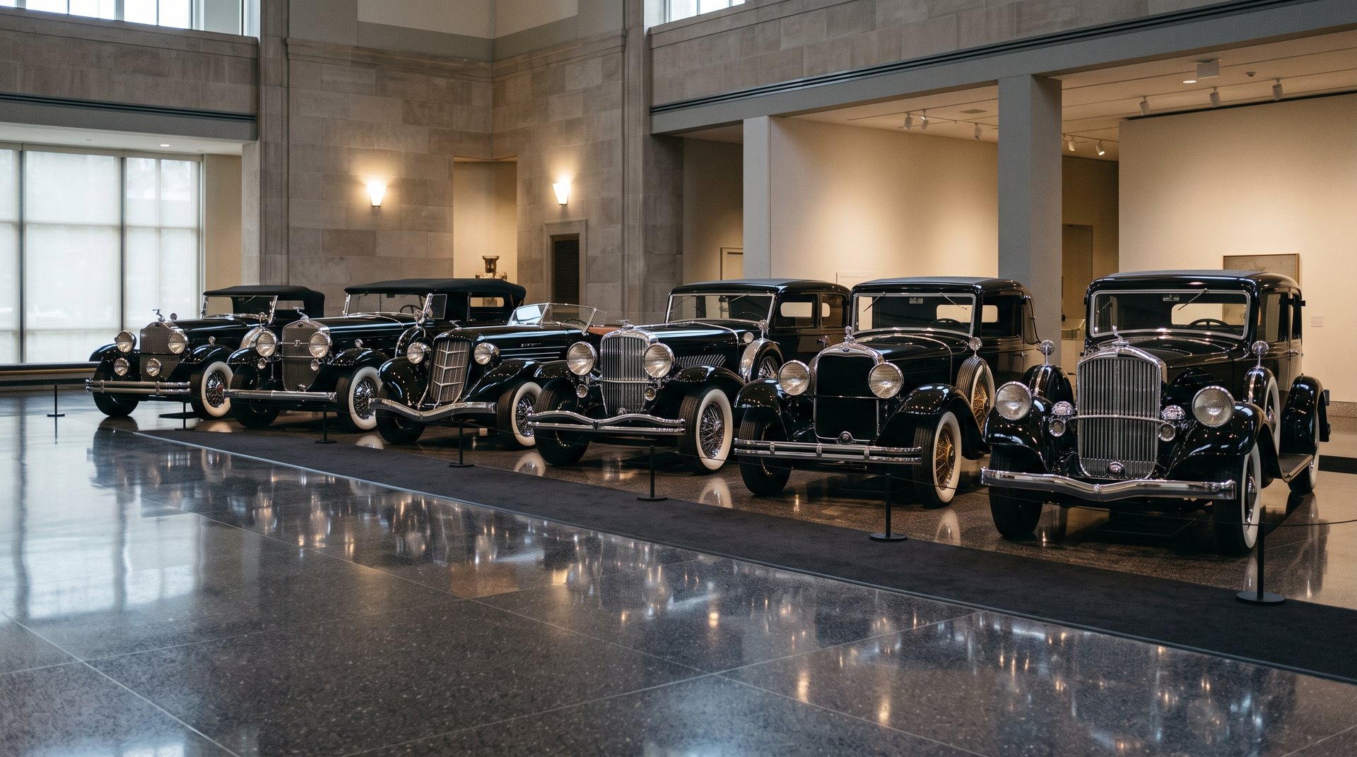 Une rangée de voitures anciennes rutilantes des années 1920 et 1930, carrosseries noires et chromes étincelants, exposées dans une salle de musée à la lumière douce, reflets sur le sol poli