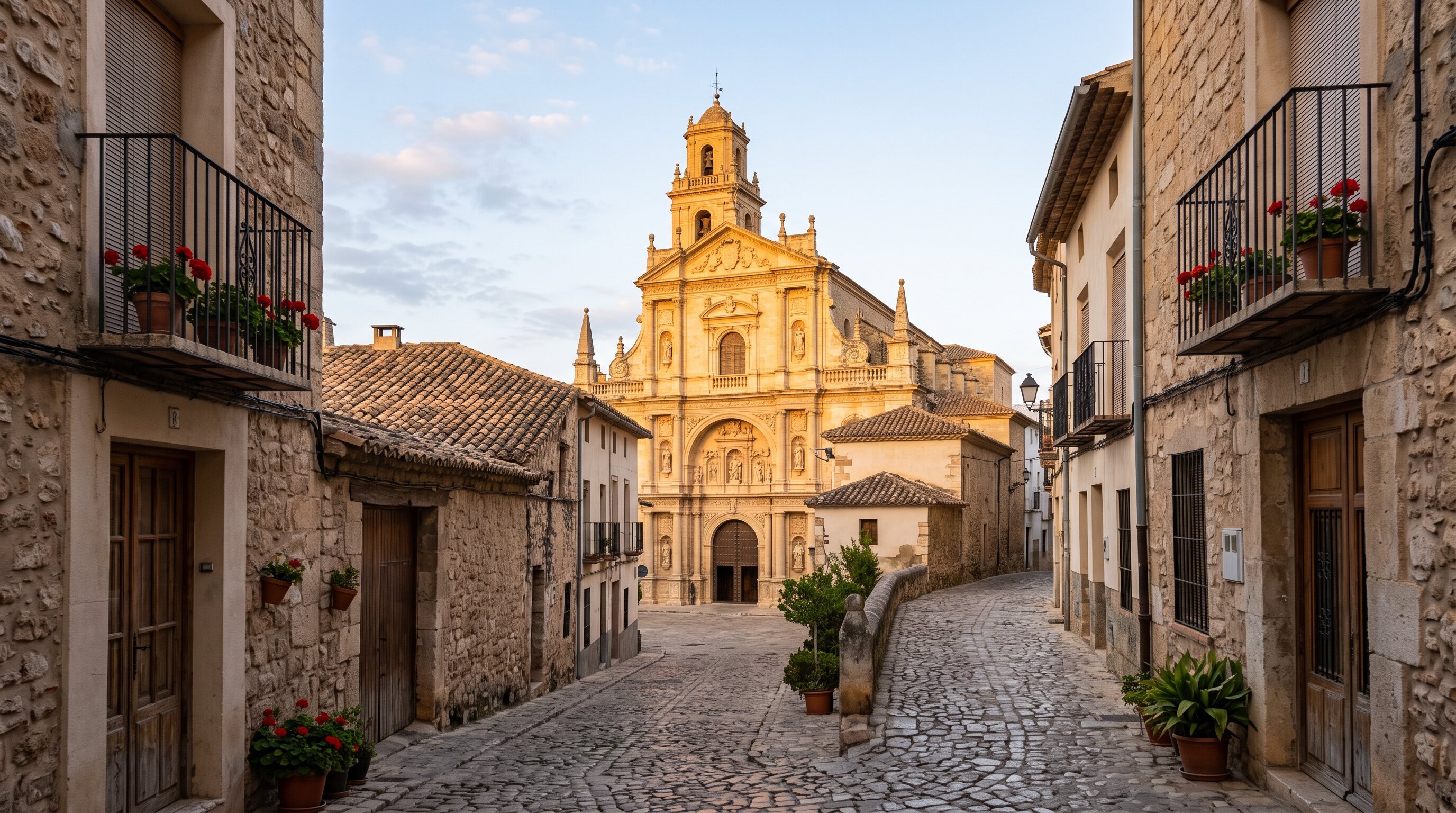 Façade de la collégiale basilique de Xàtiva (la Seu), pierre dorée sous la lumière matinale, ruelles étroites de la vieille ville, atmosphère éditoriale de voyage