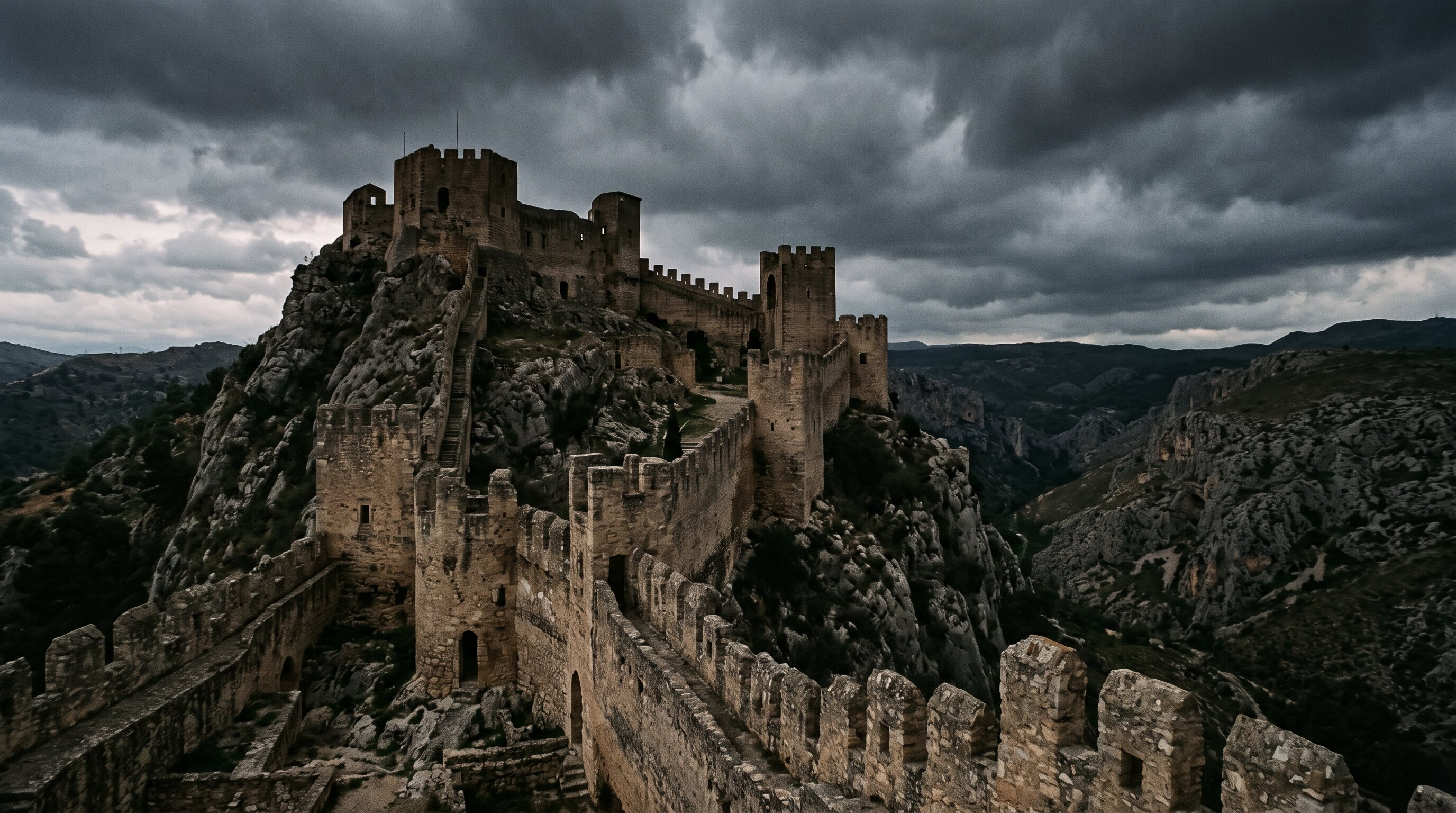 Remparts de pierre du château de Xàtiva sous un ciel chargé, meurtrières et créneaux érodés, ambiance de siège, lumière dramatique de fin de journée
