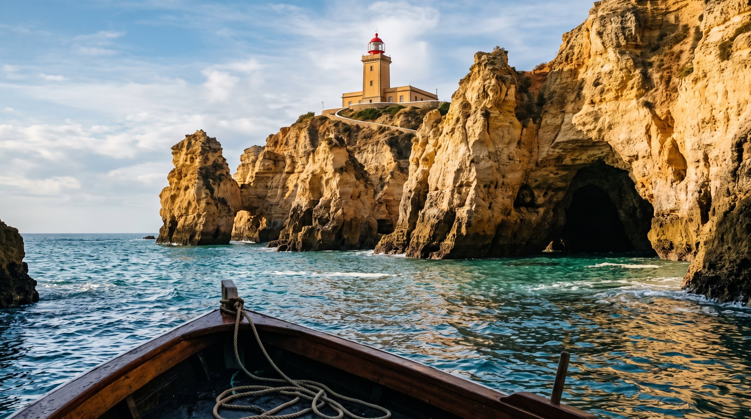 Le phare ocre coiffé de rouge de Ponta da Piedade dressé au sommet des falaises, vu depuis un petit bateau au niveau de la mer, entrée d'une grotte marine à droite