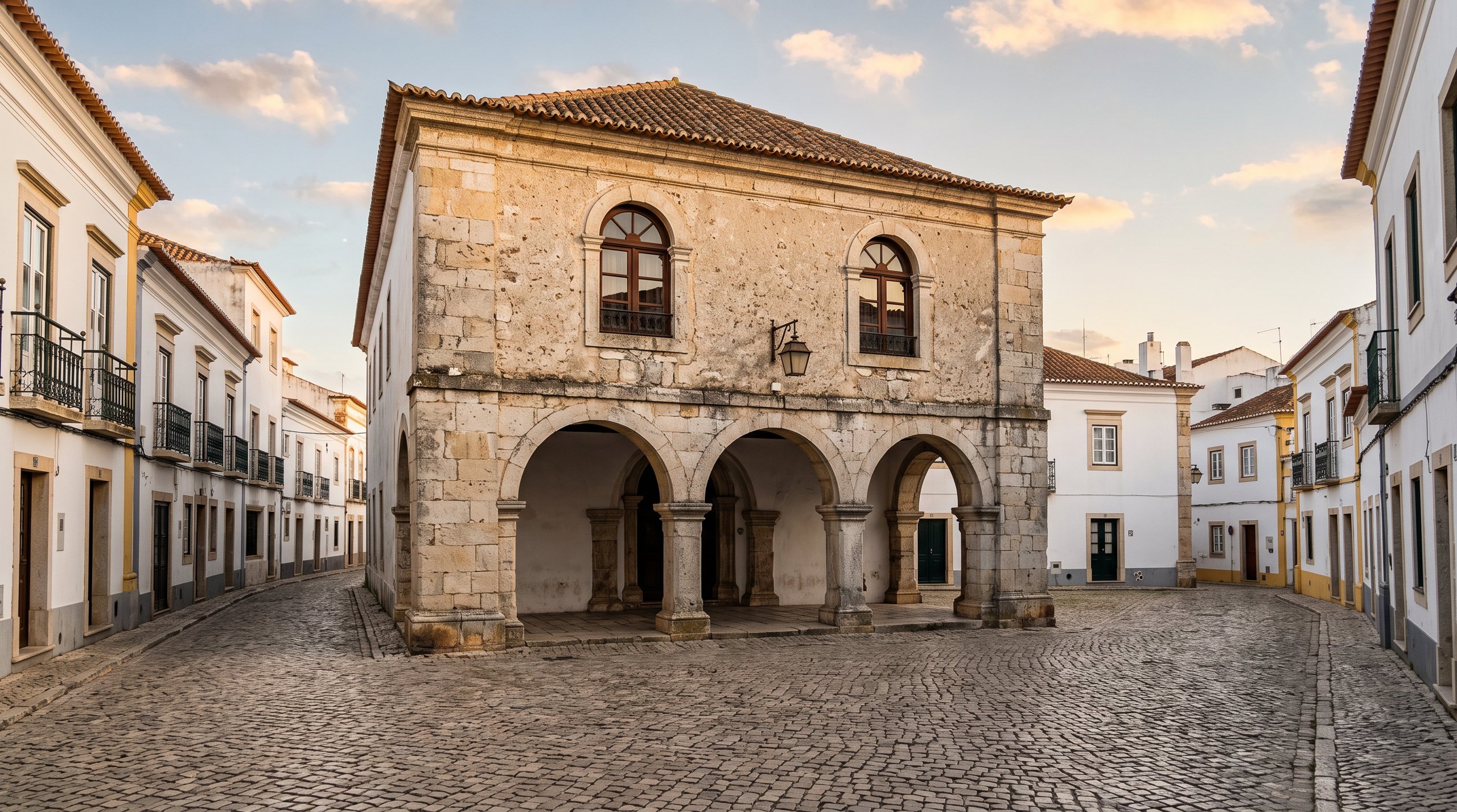 Ancien marché aux esclaves de Lagos, façade de pierre à arcades sur une petite place pavée de la vieille ville, aujourd'hui lieu de mémoire, lumière douce de fin d'après-midi