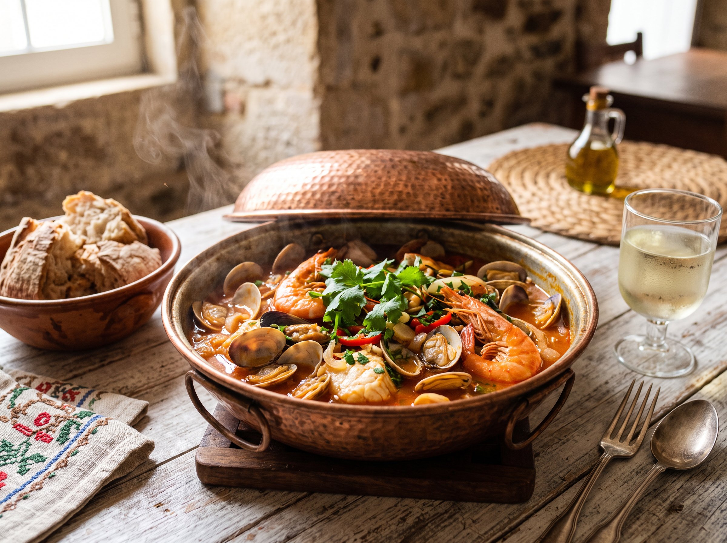 Cataplana de marisco algarvienne dans sa poêle de cuivre, palourdes, crevettes et coriandre fraîche, sur une table de tasca à Lagos