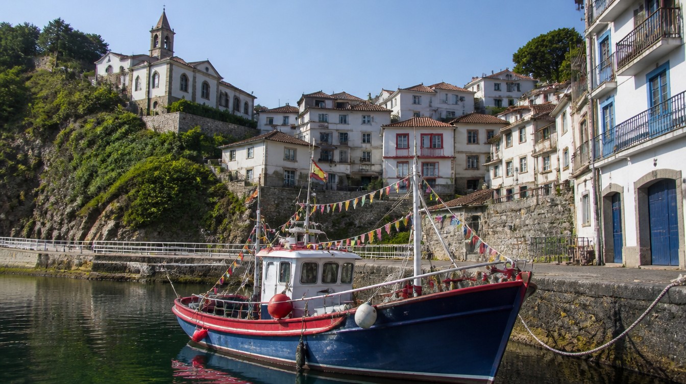 Une barque de pêche décorée amarrée au pied du port de Cudillero, foule dense sur les quais et les escaliers alentour lors d'une fête maritime, église de pierre en surplomb, ciel d'été