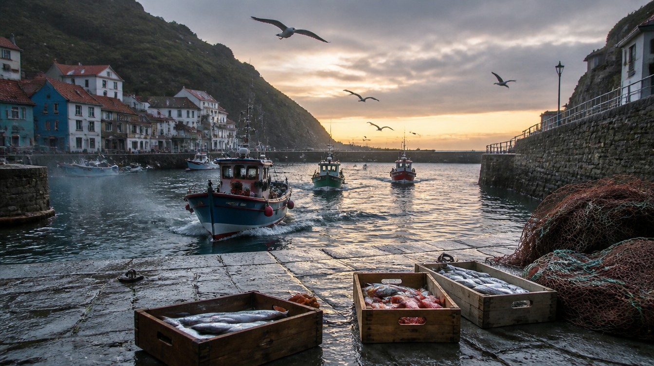 Petites barques de pêche colorées rentrant au port de Cudillero au petit matin, caisses de poisson sur le quai mouillé, filets et mouettes, mer grise d'Asturies