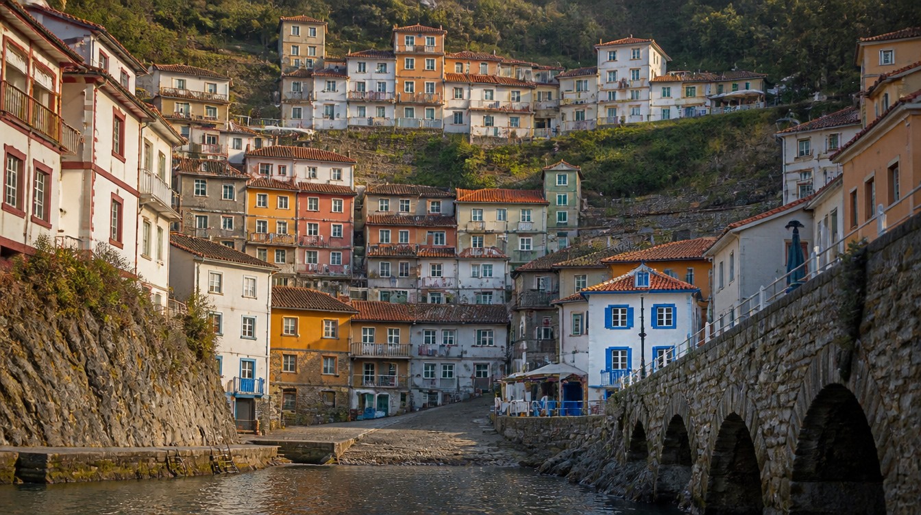 Les maisons colorées de Cudillero étagées en amphithéâtre sur les flancs escarpés d'une crique étroite d'Asturies, balcons superposés, linge aux fenêtres, lumière douce de fin d'après-midi atlantique