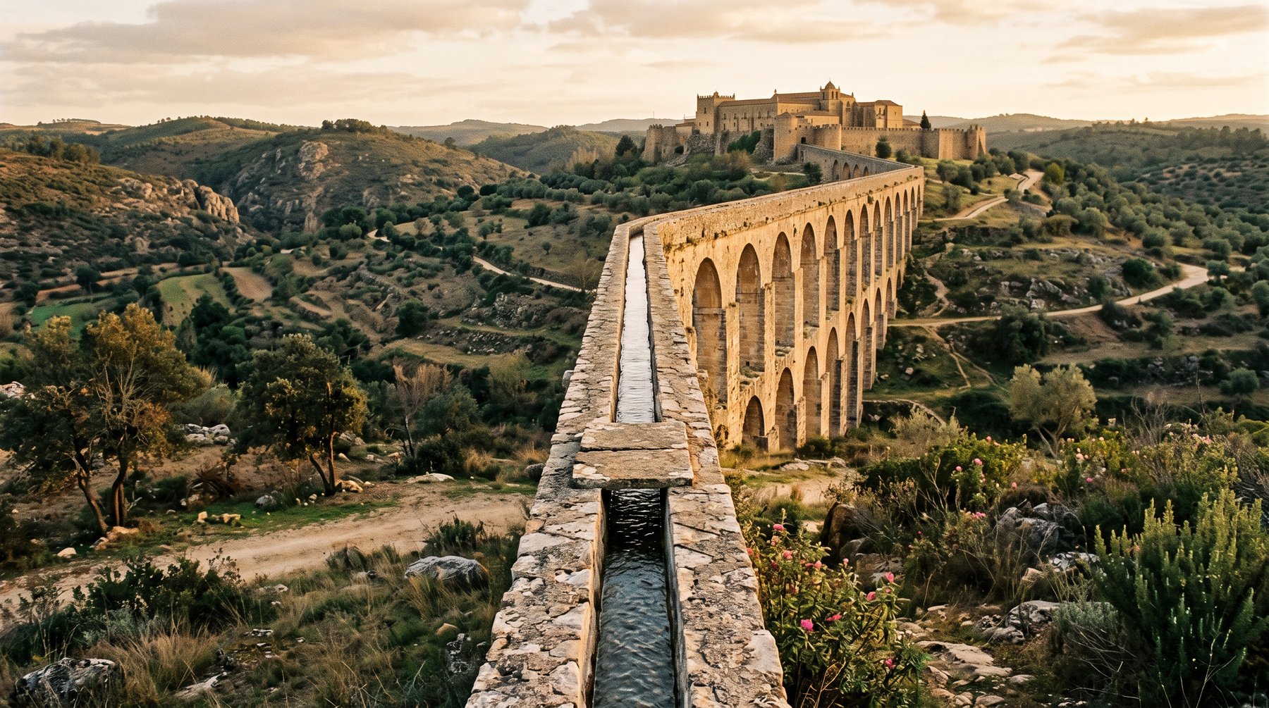Le canal supérieur de l'aqueduc conduisant l'eau vers le Convento de Cristo, début du XVIIe siècle