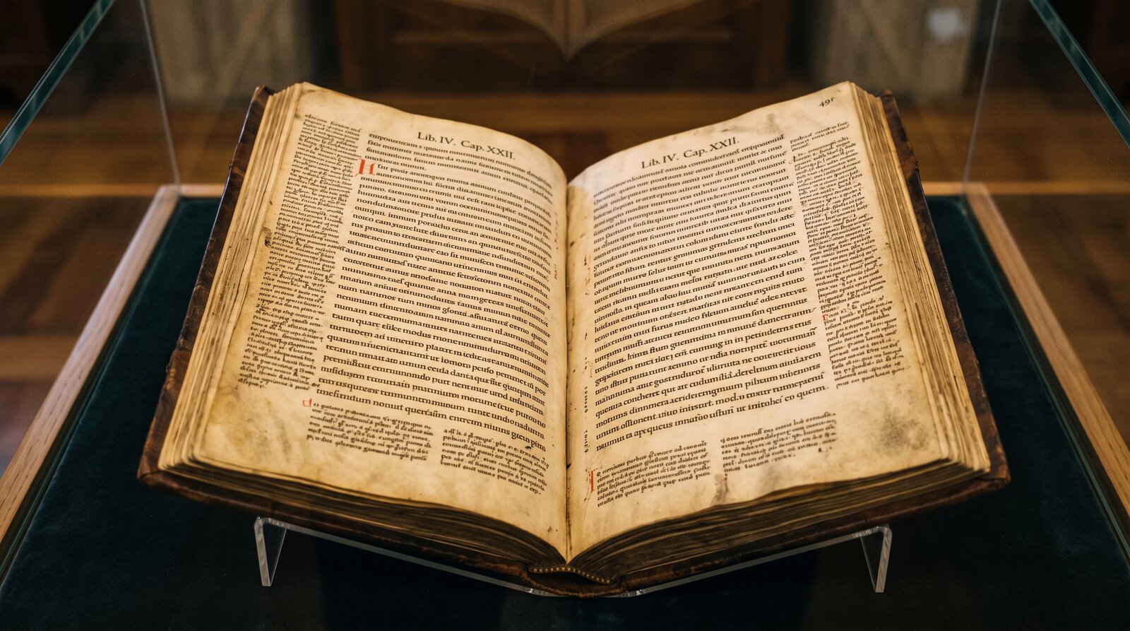 Page de manuscrit médiéval latin avec des annotations minuscules dans la marge, gloses en écriture wisigothique, parchemin doré, lumière tamisée de vitrine
