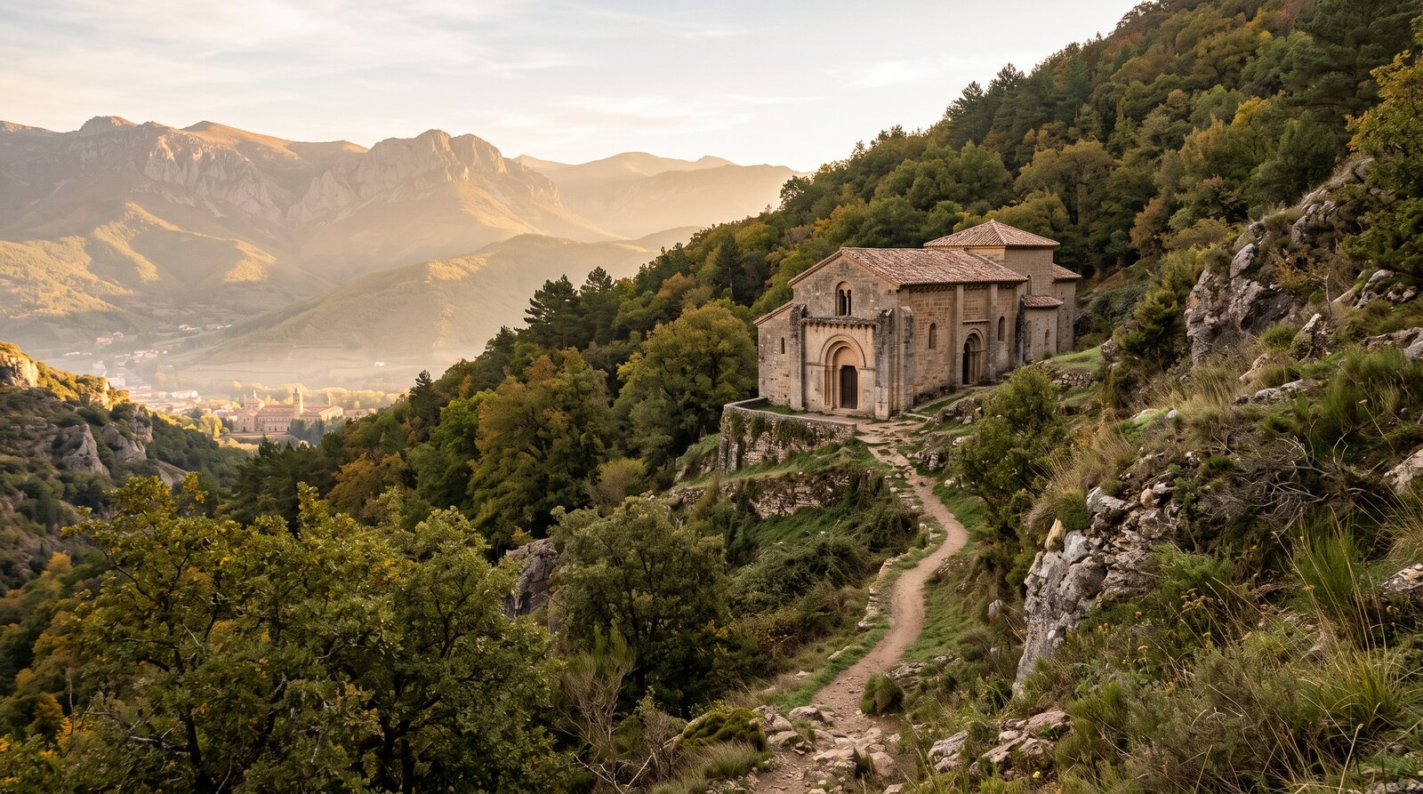 Le monastère de Suso à flanc de montagne, petite église en pierre d'aspect wisigothique et mozarabe, entourée de chênes, sentier de terre, lumière matinale de La Rioja