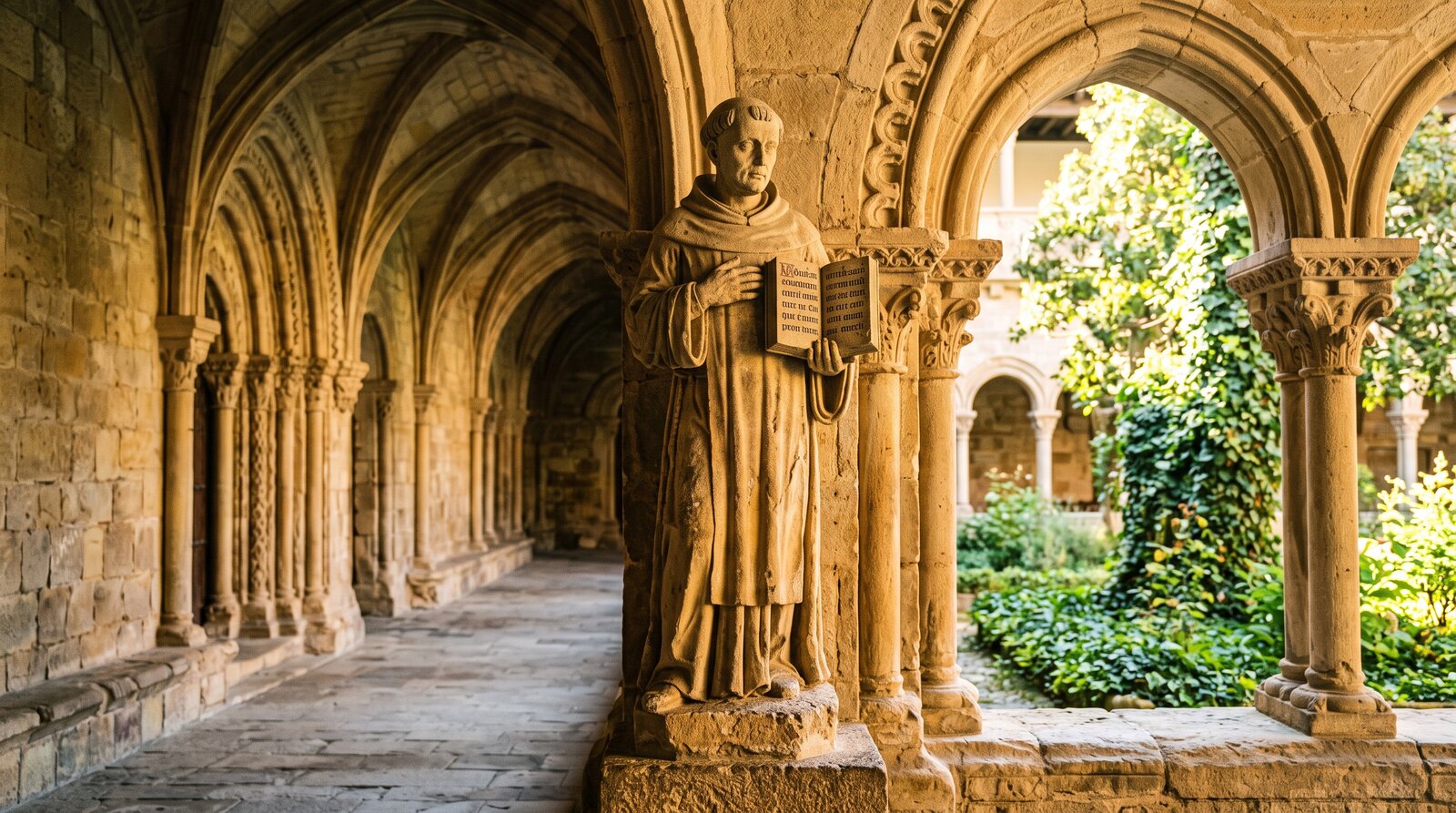 Statue ou portique médiéval en pierre évoquant Gonzalo de Berceo, un clerc-poète du XIIIe siècle tenant un manuscrit, cloître roman, lumière dorée de fin de journée