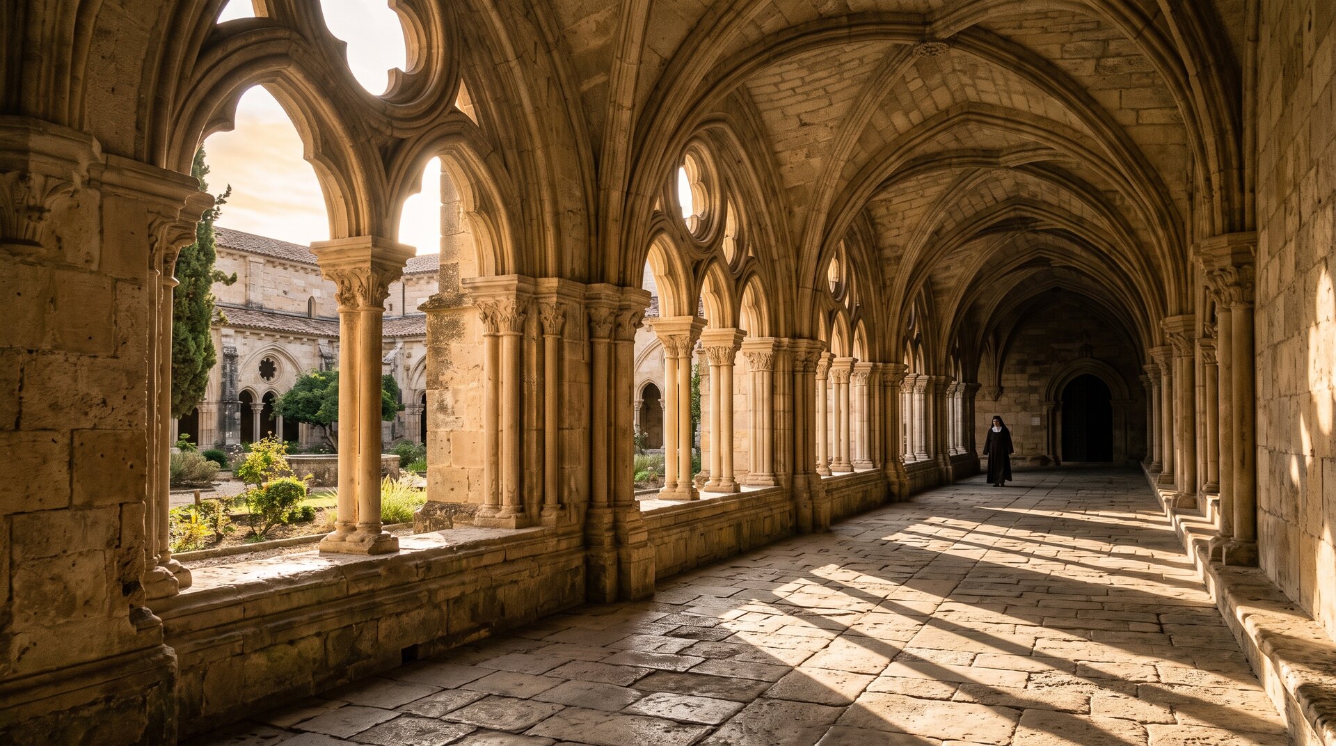 Cloître gothique d'un monastère cistercien castillan, arcades de pierre claire, lumière rasante d'après-midi projetant des ombres allongées sur le sol, silhouette lointaine d'une religieuse, atmosphère de recueillement, style photographie éditoriale réaliste