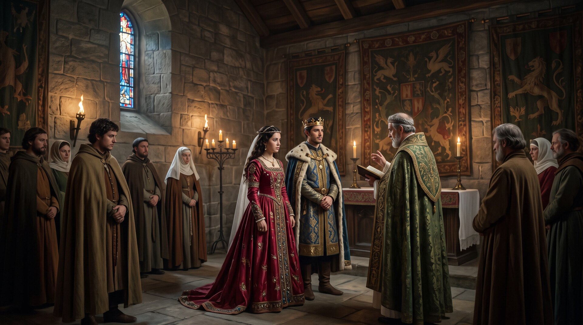 Reconstitution d'un mariage royal médiéval du XIIe siècle dans une salle de pierre castillane, jeune reine en robe brodée et jeune roi, tentures sombres, lumière de vitraux, style peinture historique, ambiance solennelle