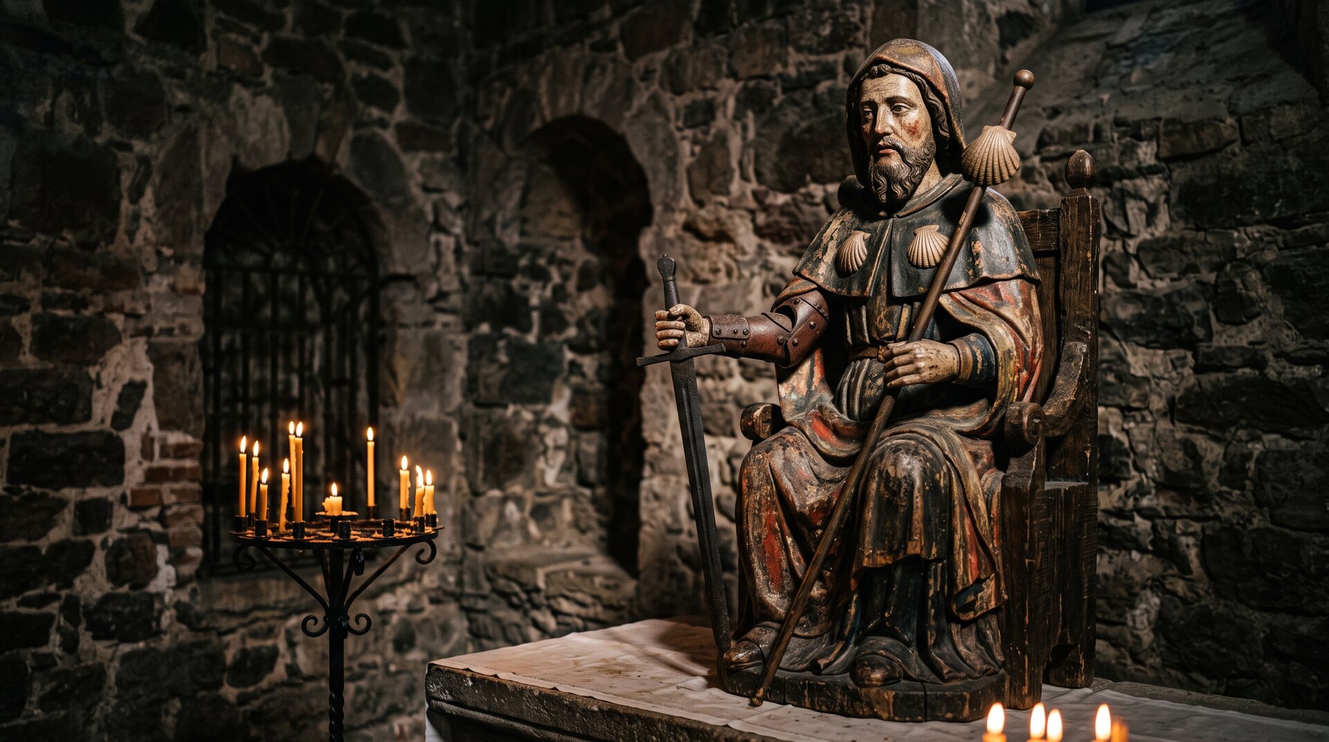 Statue en bois polychrome médiévale de saint Jacques au bras droit articulé dans une chapelle de pierre sombre, épée à la main, lumière de cierges, ambiance mystérieuse et solennelle, style peinture historique réaliste