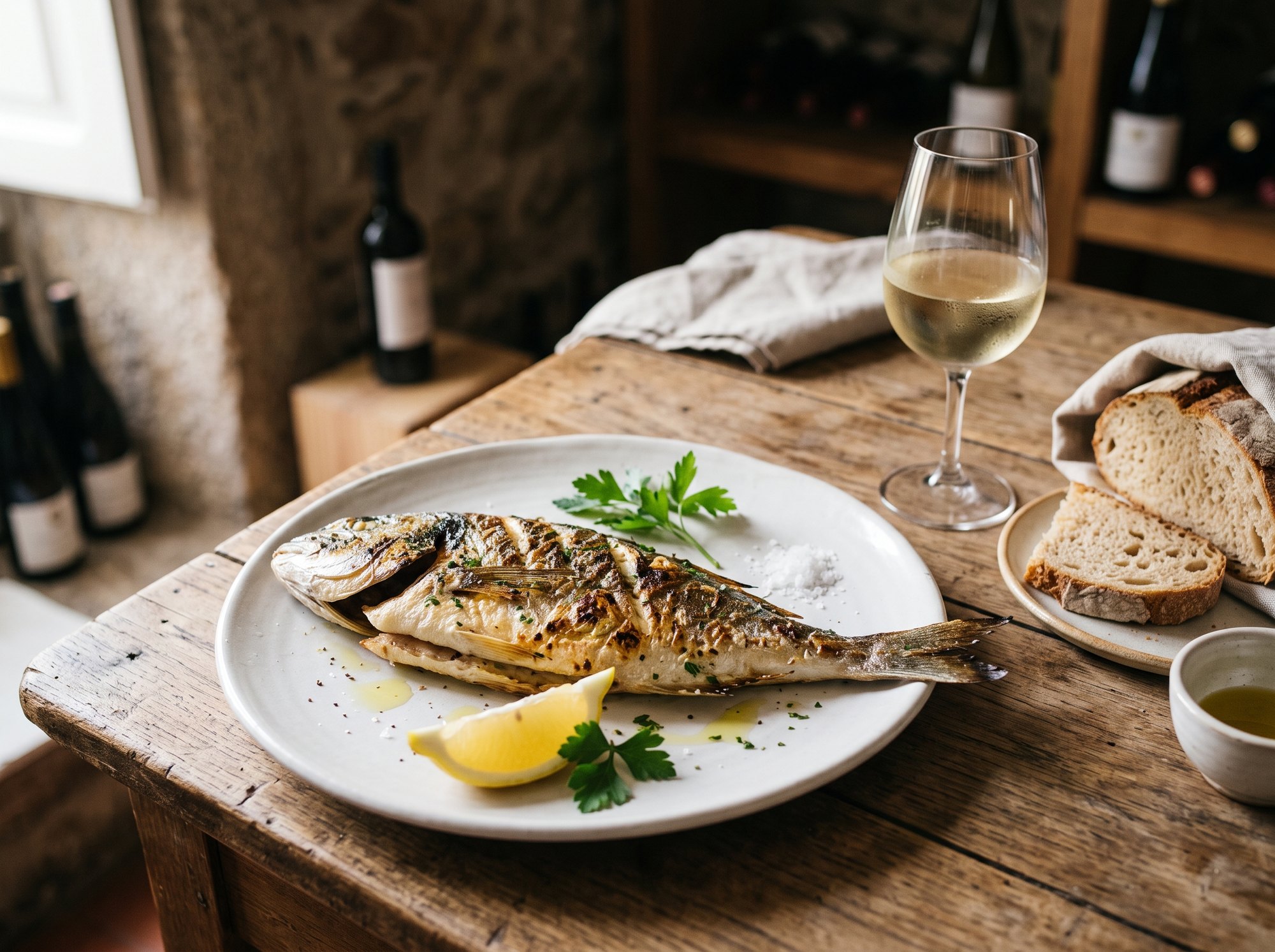 Dourada grelhada, dorade grillée à la peau dorée et croustillante, servie d'un filet d'huile d'olive et de citron, accompagnée d'un verre de vin blanc de Colares, Portugal