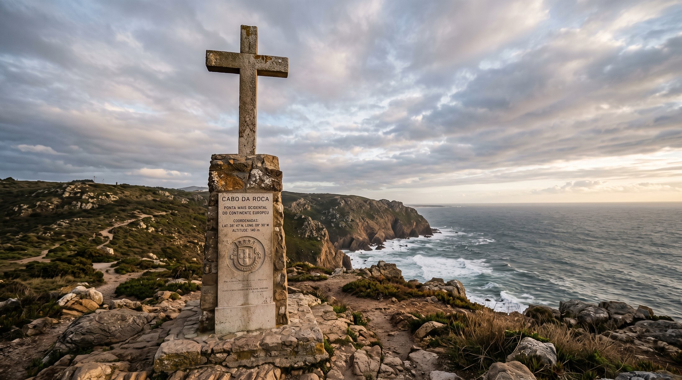Croix de pierre et plaque gravée au sommet du Cabo da Roca portant un vers de Camões, océan Atlantique en arrière-plan sous un ciel changeant, ambiance solennelle