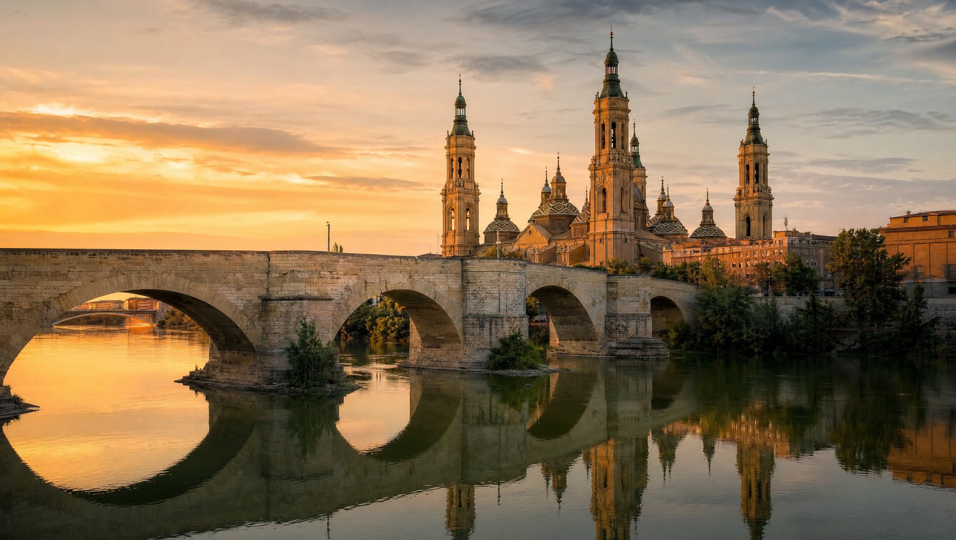 Le pont de pierre de Saragosse enjambant l'Èbre au coucher du soleil, avec les coupoles et les tours de la basilique du Pilar reflétées dans l'eau, lumière dorée, aucun personnage