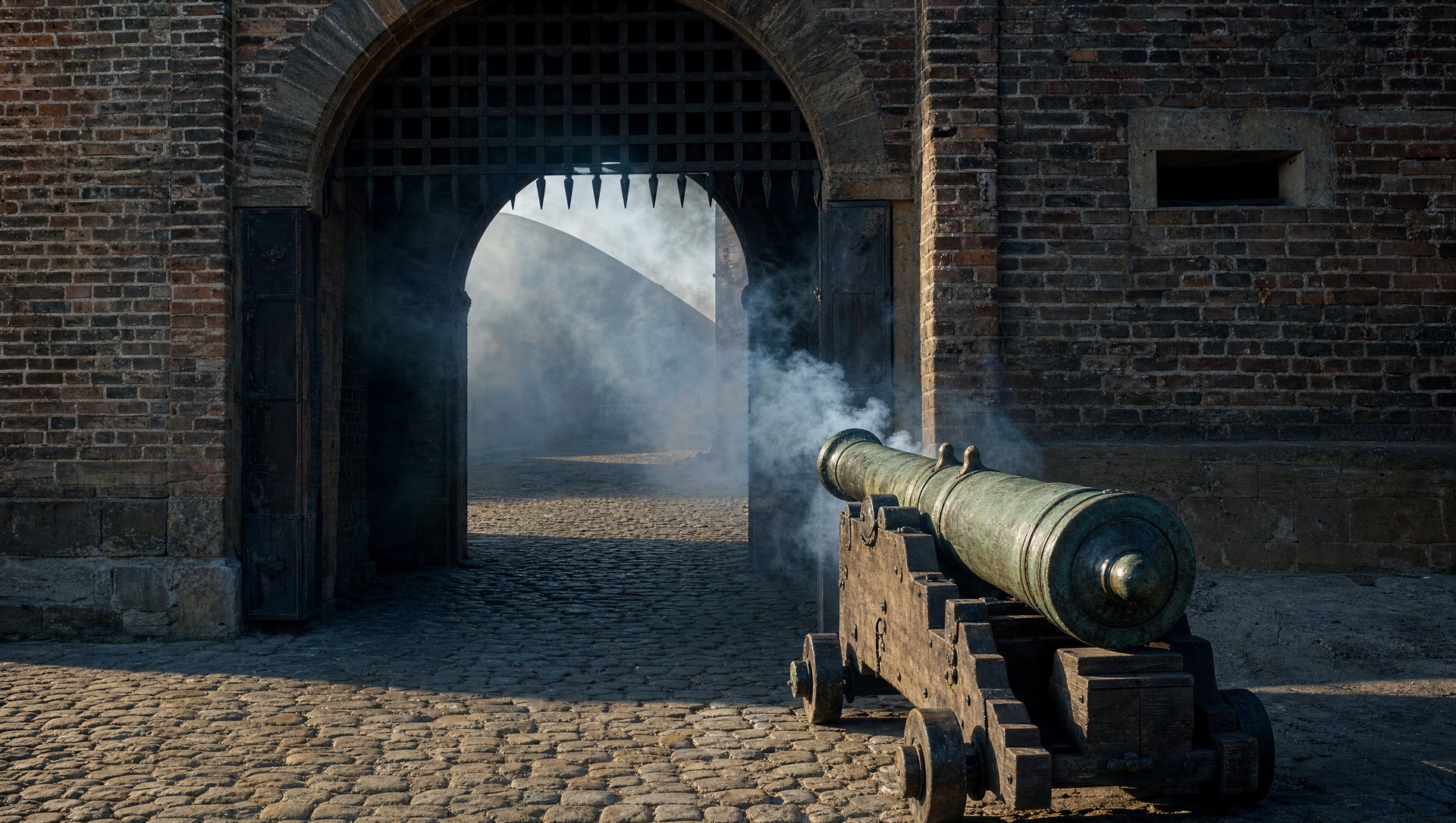 Ancienne porte de ville en brique et un canon de bronze du début du XIXe siècle, fumée de poudre, lumière rasante d'été, reconstitution historique sans aucun personnage