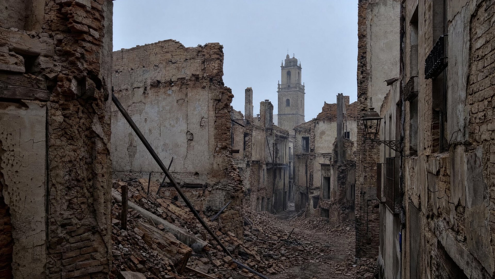 Rue étroite d'une vieille ville espagnole en ruines après un siège, murs de brique effondrés, gravats, lumière grise d'hiver, atmosphère de désolation, aucun personnage