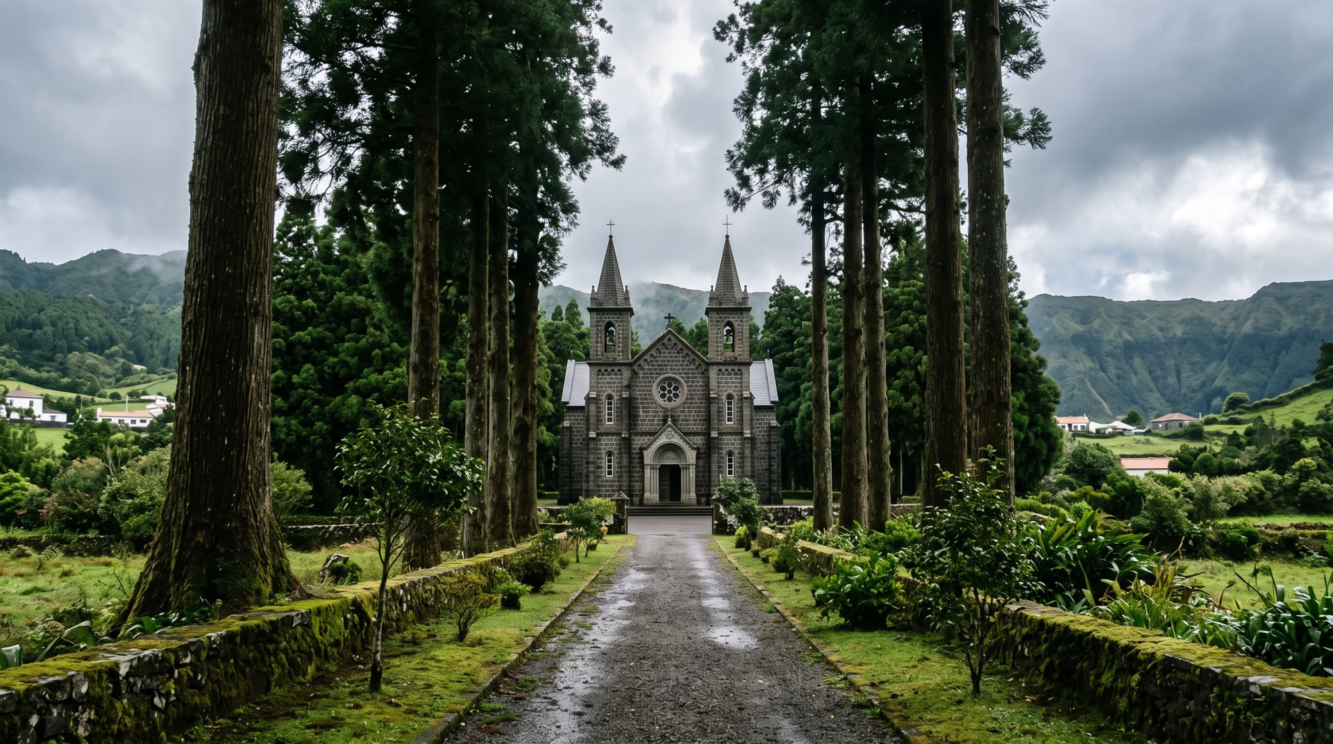 Église néo-gothique de São Nicolau à Sete Cidades, façade en pierre avec arcs brisés et deux clochers pointus, au bout d'une avenue de grands cryptomerias, ciel couvert açorien