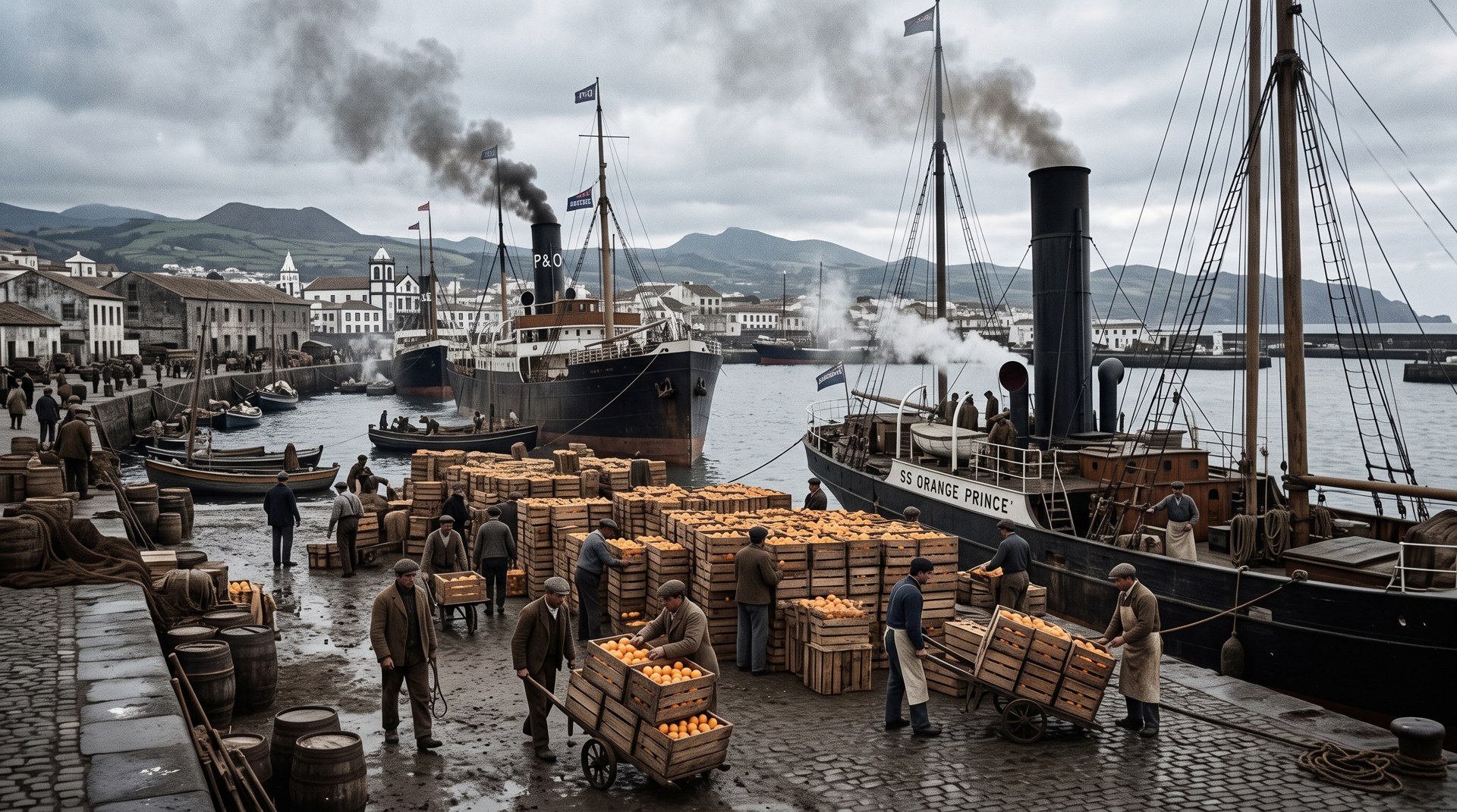 Reconstitution du port de Ponta Delgada au XIXe siècle, vapeurs britanniques à cheminées noires, quais couverts de caisses de bois remplies d'oranges, dockers au travail, lumière d'hiver