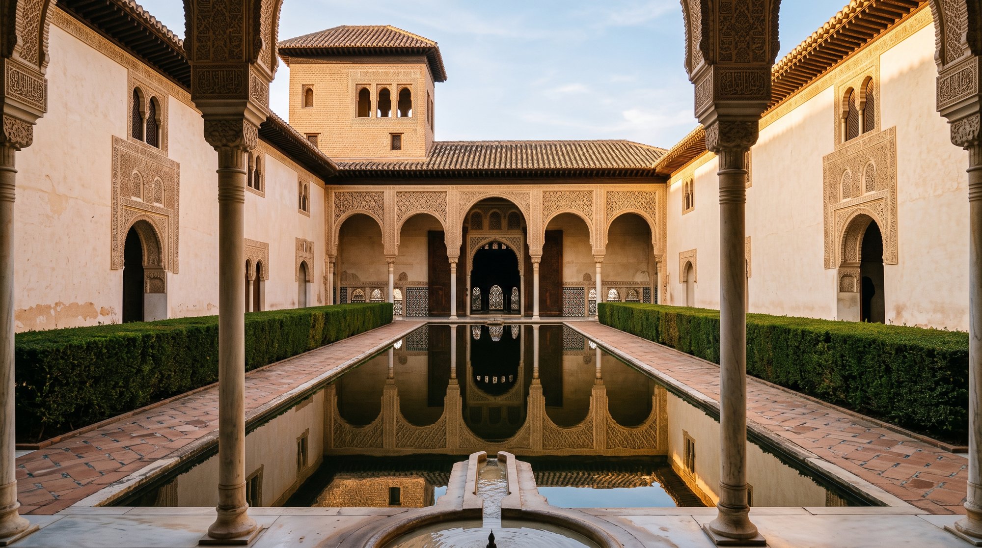 Cour intérieure d'un palais nasride de l'Alhambra, arcs de stuc finement ciselés, bassin d'eau reflétant les murs, lumière dorée de fin d'après-midi, Grenade