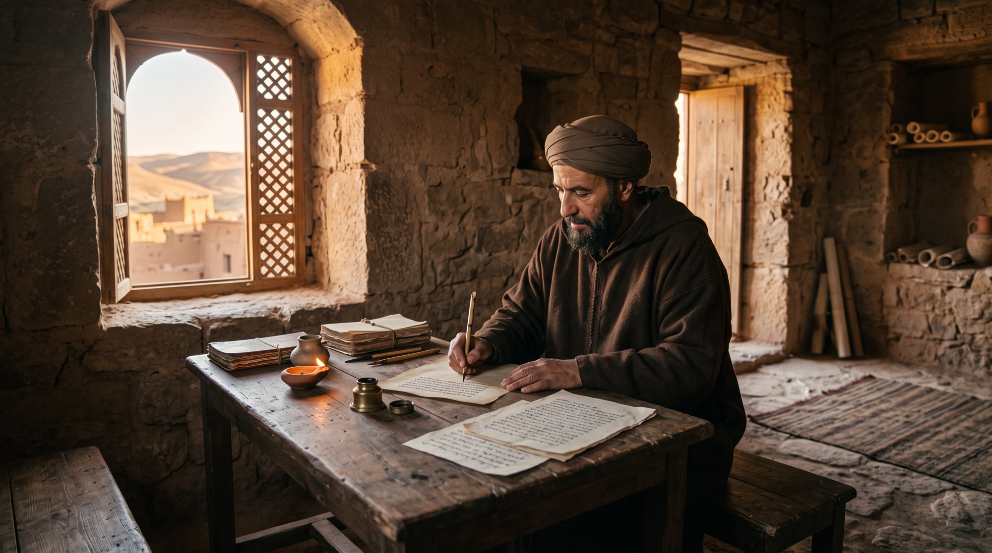 Érudit du XIVe siècle écrivant à la plume dans une pièce en pierre austère éclairée par une fenêtre étroite, manuscrits et encrier sur une table de bois, lumière contemplative