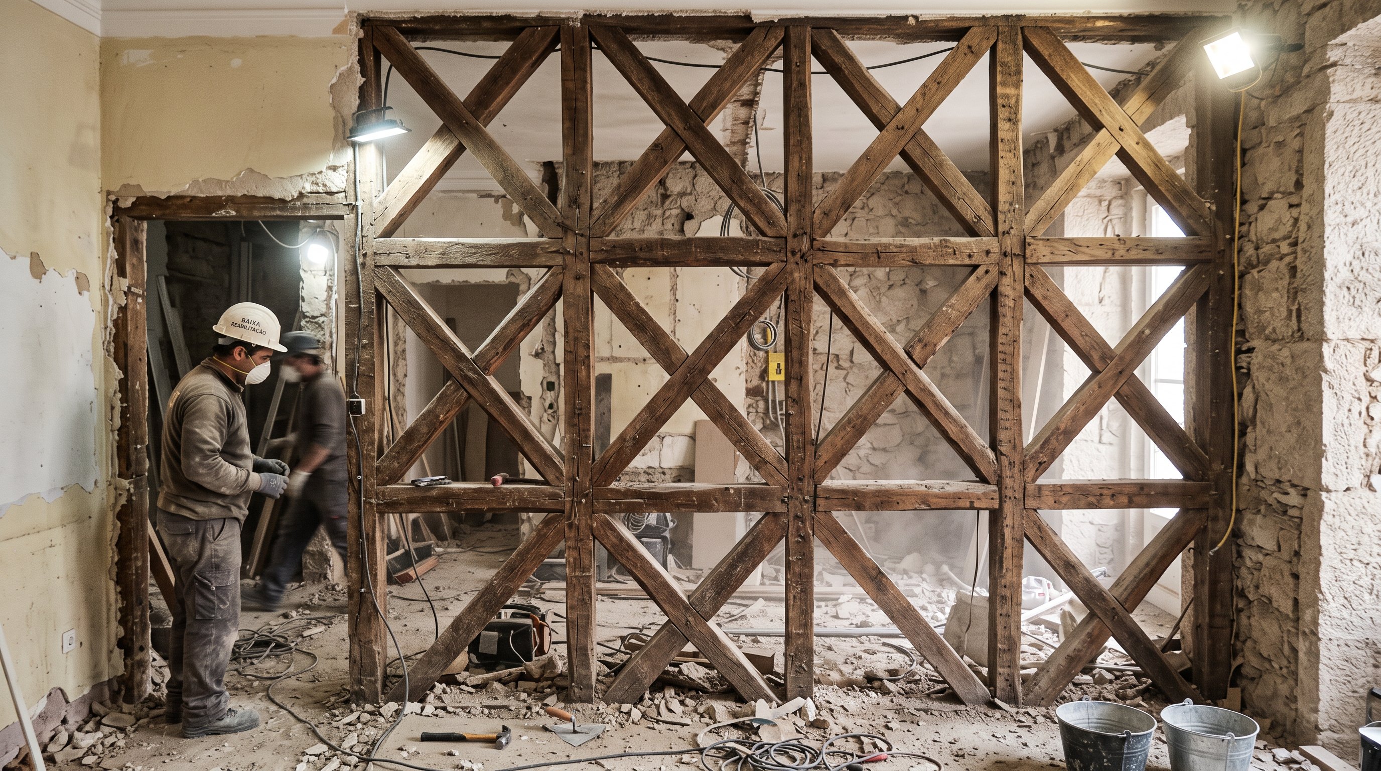 La gaiola pombalina mise à nu dans un immeuble de la Baixa en travaux, structure de poutres de bois assemblées en croix de Saint-André apparente derrière un mur ouvert, poussière de plâtre, lumière crue de chantier